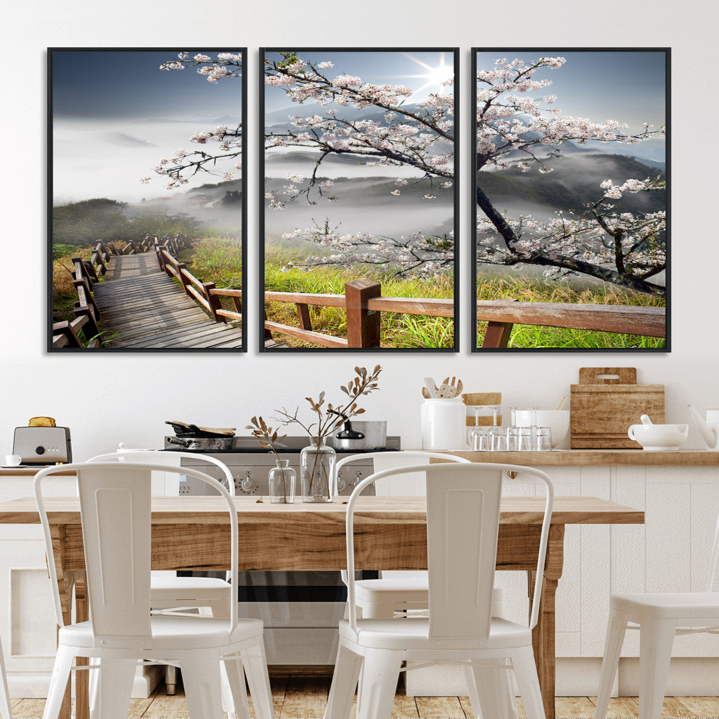 34632598CRY-MGV-FC-60X30-3P_Black-Sakura Cherry Blossom Pathway Canvas Wall Art – Tranquil Walk Through Blossoming Nature – Ready to Hang