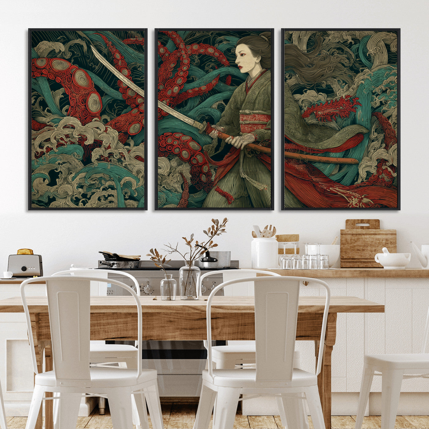 18902796-MGV-CV-36X24-Samurai Woman vs Octopus Wall Art – Japanese Ukiyo-e Green Kimono Canvas Print, Ocean Battle Scene Artwork for Living Room,