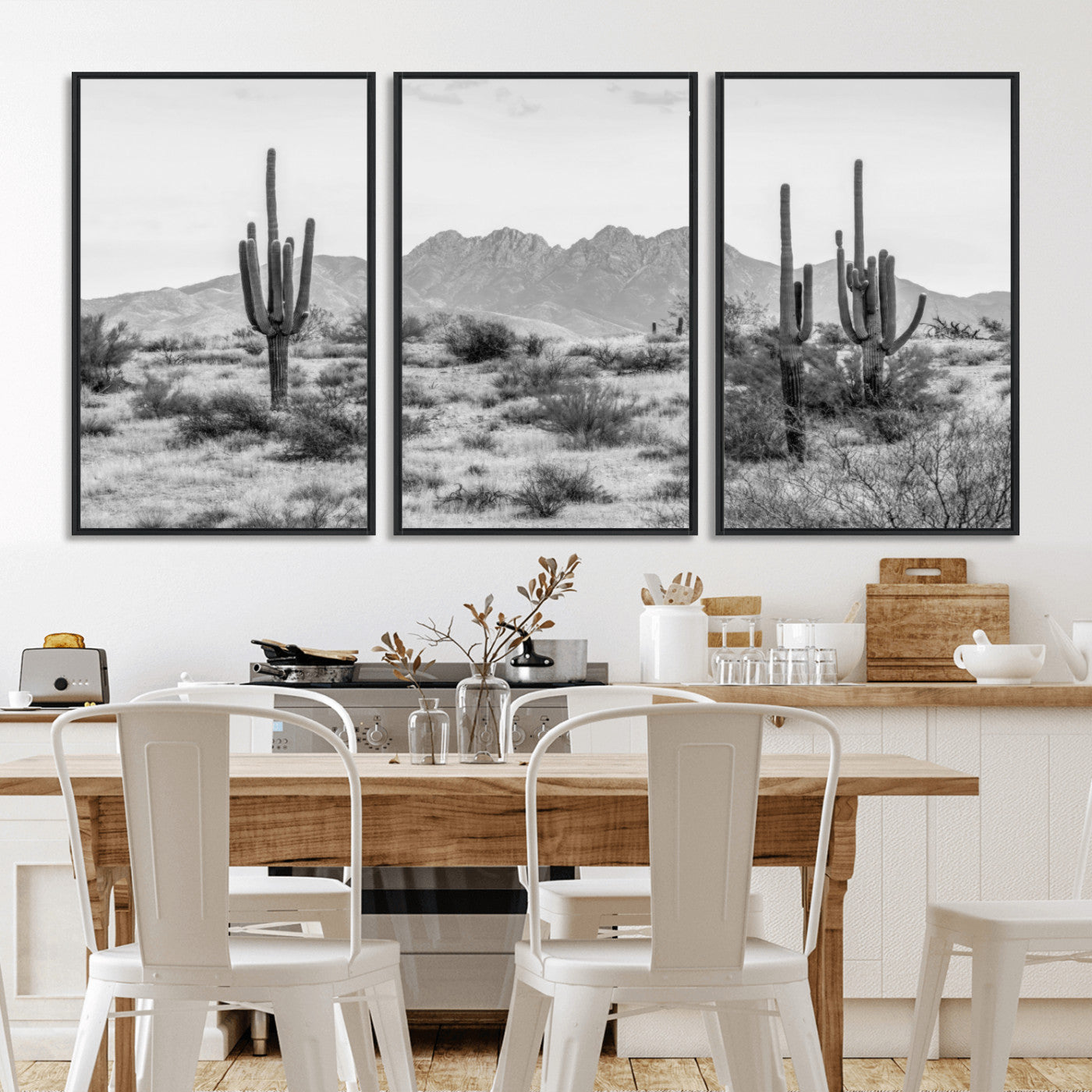97436PHN-MGV-CV-36X24-Desert Landscape Wall Art – Black and White Cactus and Mountain Canvas Print, Southwestern Nature Photography for Living Room,