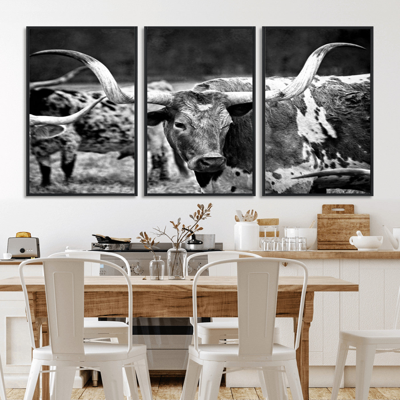 15425553-MGV-FC-60X30-3P_Black-Western Wall Art – Longhorn Cattle Black and White Canvas Print, Rustic Ranch Photography Decor for Bedroom, Living Room, Office,