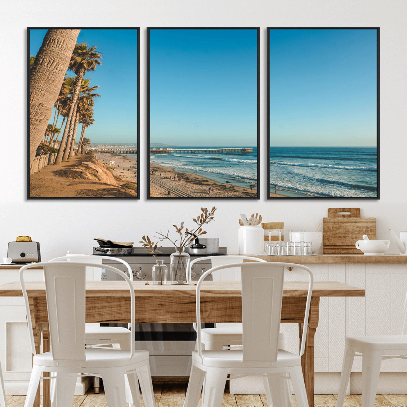 92568259-MGV-CV-36X24-California Beach Wall Art – Palm Tree Pier Canvas Print, Coastal Ocean Photography Seaside Decor for Living Room, Bedroom, Office,
