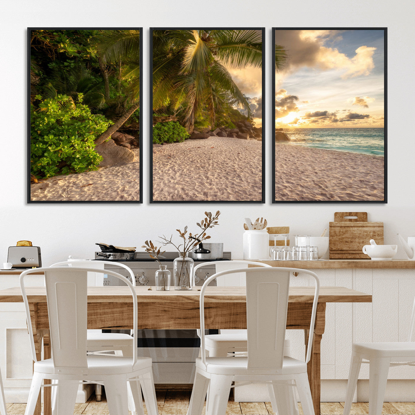 89531159-MGV-CV-36X24-Tropical Beach Sunset Canvas Wall Art – Palm Trees Golden Sand Ocean Waves Coastal Paradise Print for Beach House Bedroom Bathroom