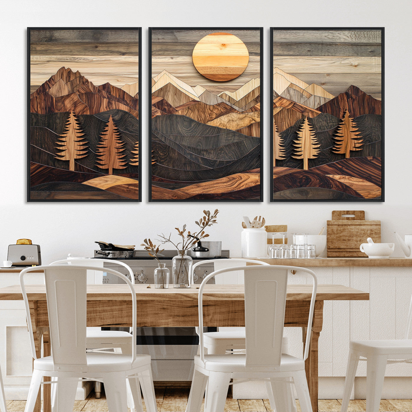 90044381-MGV-CV-36X24-Rustic Wall Art – Wooden Mountain Landscape with Sun and Pine Trees, Handcrafted Nature Canvas Style Decor for Bedroom, Living