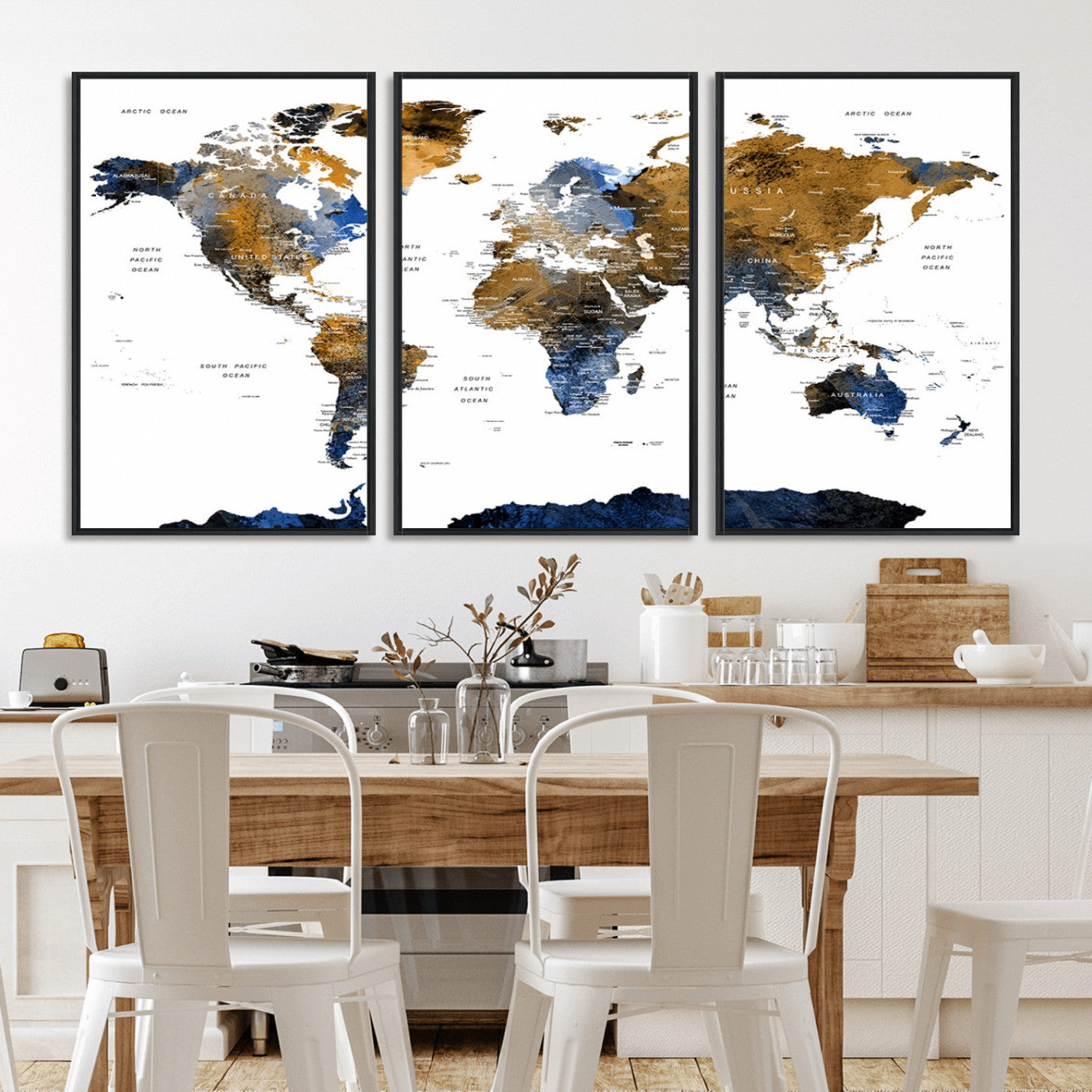 MGV-FC-60X30-3P - World Map Wall Art Canvas Print, Framed Blue Gold Map Art Picture Print, Rustic Atlas Perfect Rustic Modern Decor Artwork