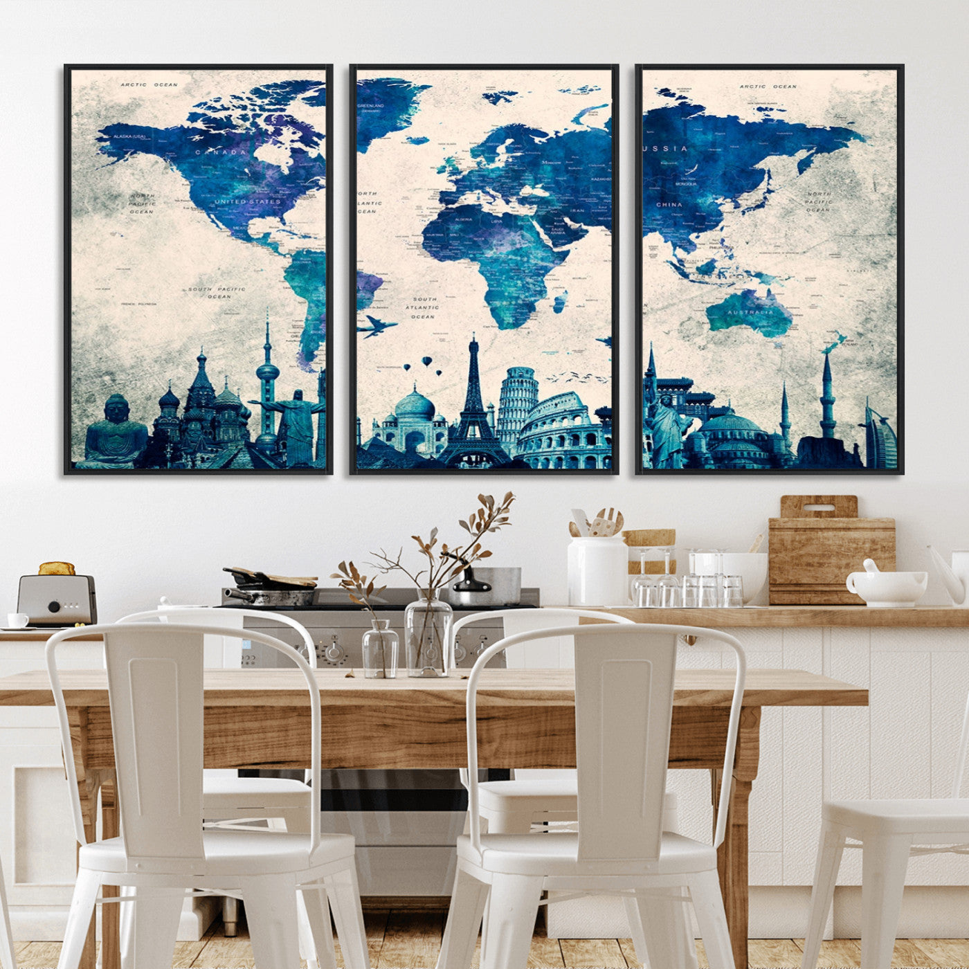 MGV-FC-60X30-3P - Blue World Map Wall Art Canvas Print, Framed Iconic Landmarks Art Picture Print, Blue Globe Map Perfect Elegant Explorer Decor Artwork