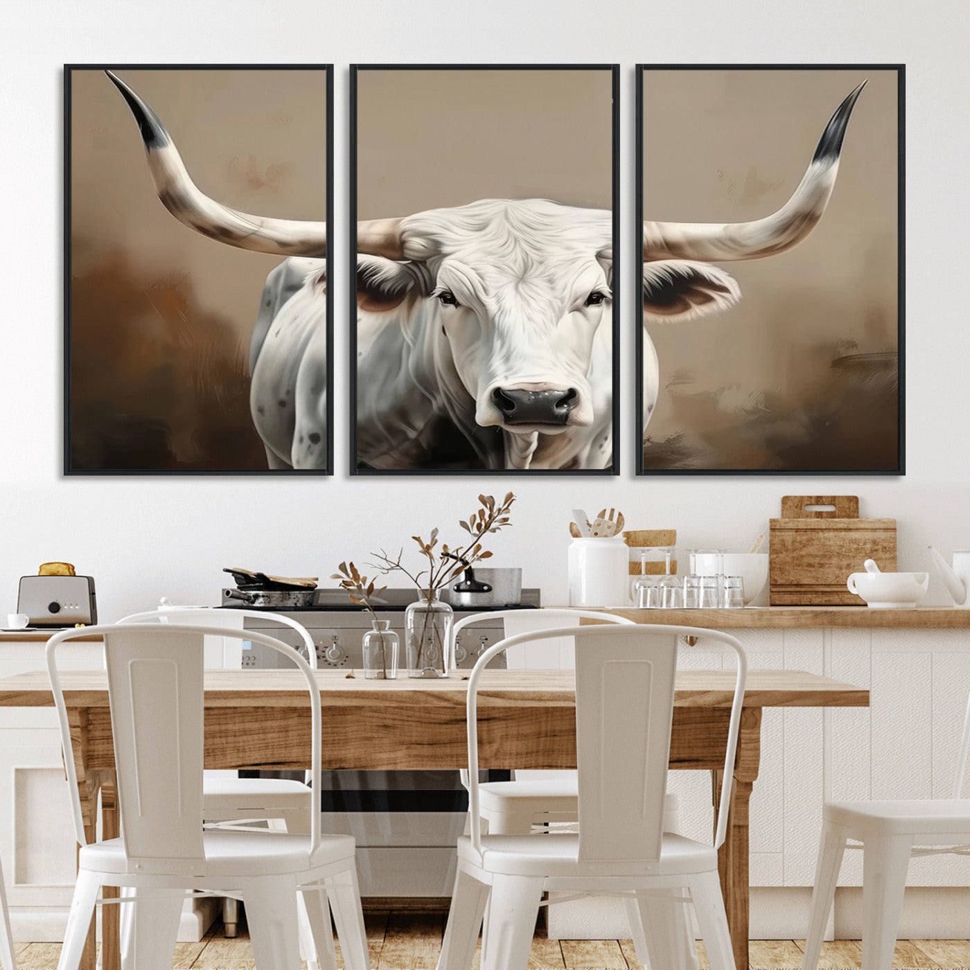 63550-MGV-CV-36X24-Texas Longhorn Wall Art Canvas Print, Framed White Bull Art Picture Print, Horned Cattle Perfect Rustic Western Decor Artwork