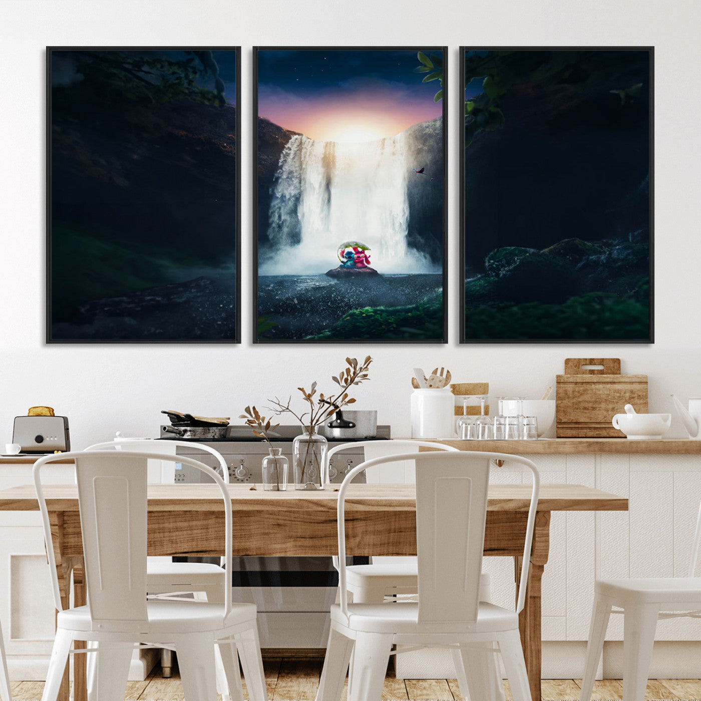 56359-MGV-FC-60X30-3P_Black-Lilo Stitch Wall Art Canvas Print, Framed Stitch Angel Art Picture Print, Cartoon Waterfall Perfect Tropical Fantasy Decor Artwork