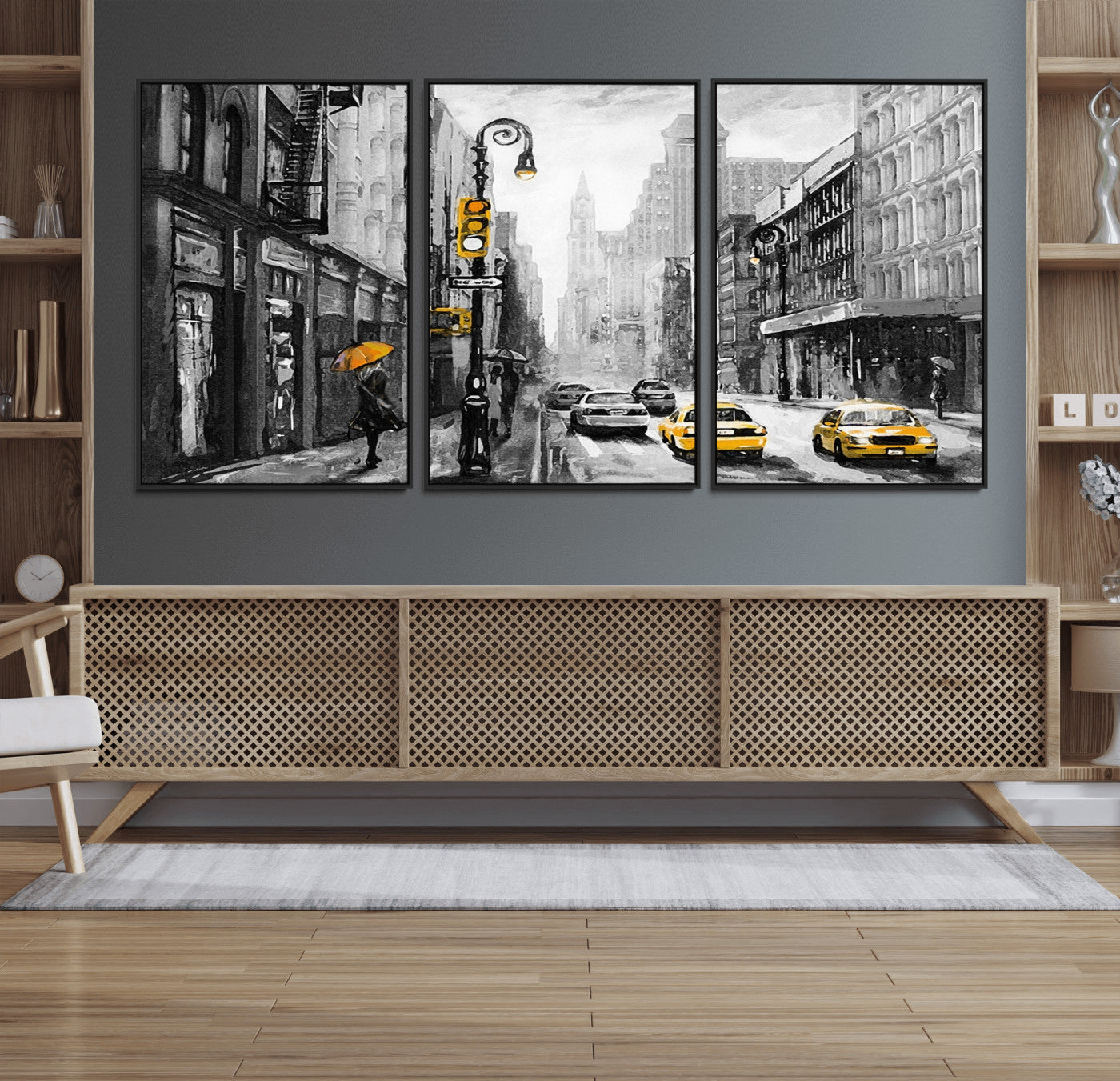 32362-MGV-FC-60X30-3P_Black-NYC Street Wall Art – Black and White Cityscape with Yellow Taxis and Umbrella Canvas Print, Urban Home Decor for Living Room or