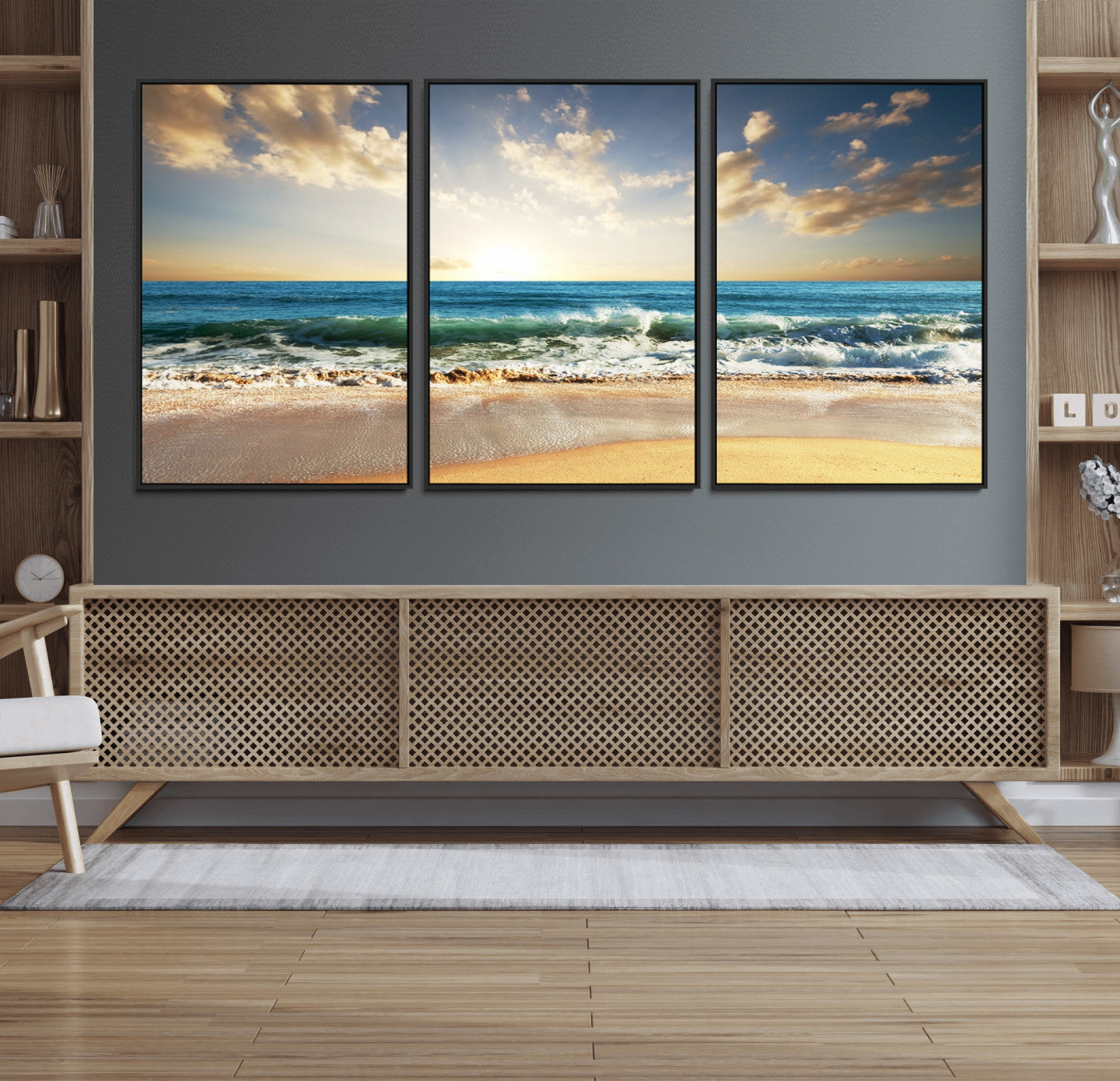 13139-MGV-FC-60X30-3P_Black-Sunrise Beach Wall Art – Ocean Waves and Golden Sand Canvas Print, Coastal Home Decor for Living Room, Bedroom, or Office