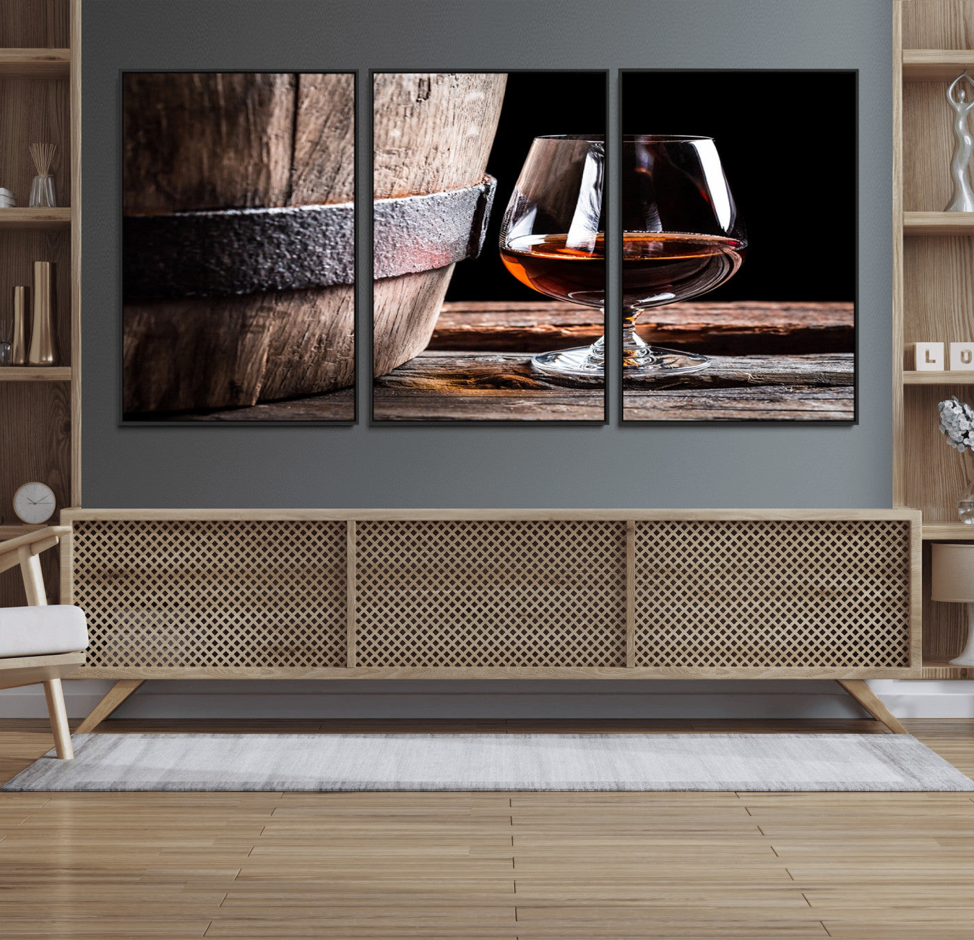 50839-MGV-FC-60X30-3P_Black-Barrel & Brandy Wall Art – Rustic Whiskey Barrel and Brandy Glass Canvas Print, Elegant Home Bar or Lounge Decor for Office, Man