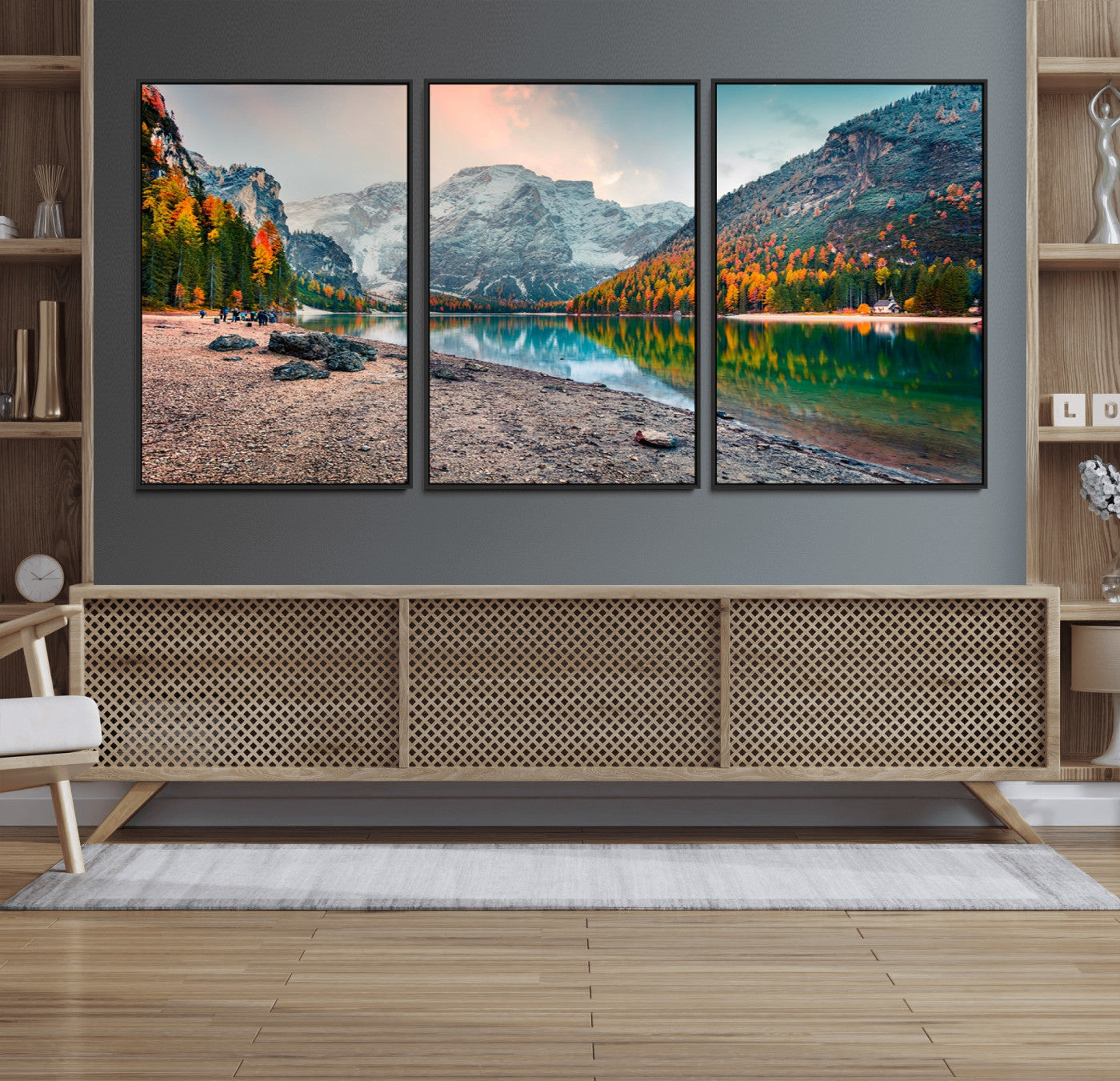 25982-MGV-FC-60X30-3P_Black-Autumn Mountain Lake Wall Art – Panoramic Fall Foliage and Snowy Peaks Canvas Print, Scenic Nature Decor for Living Room or Office