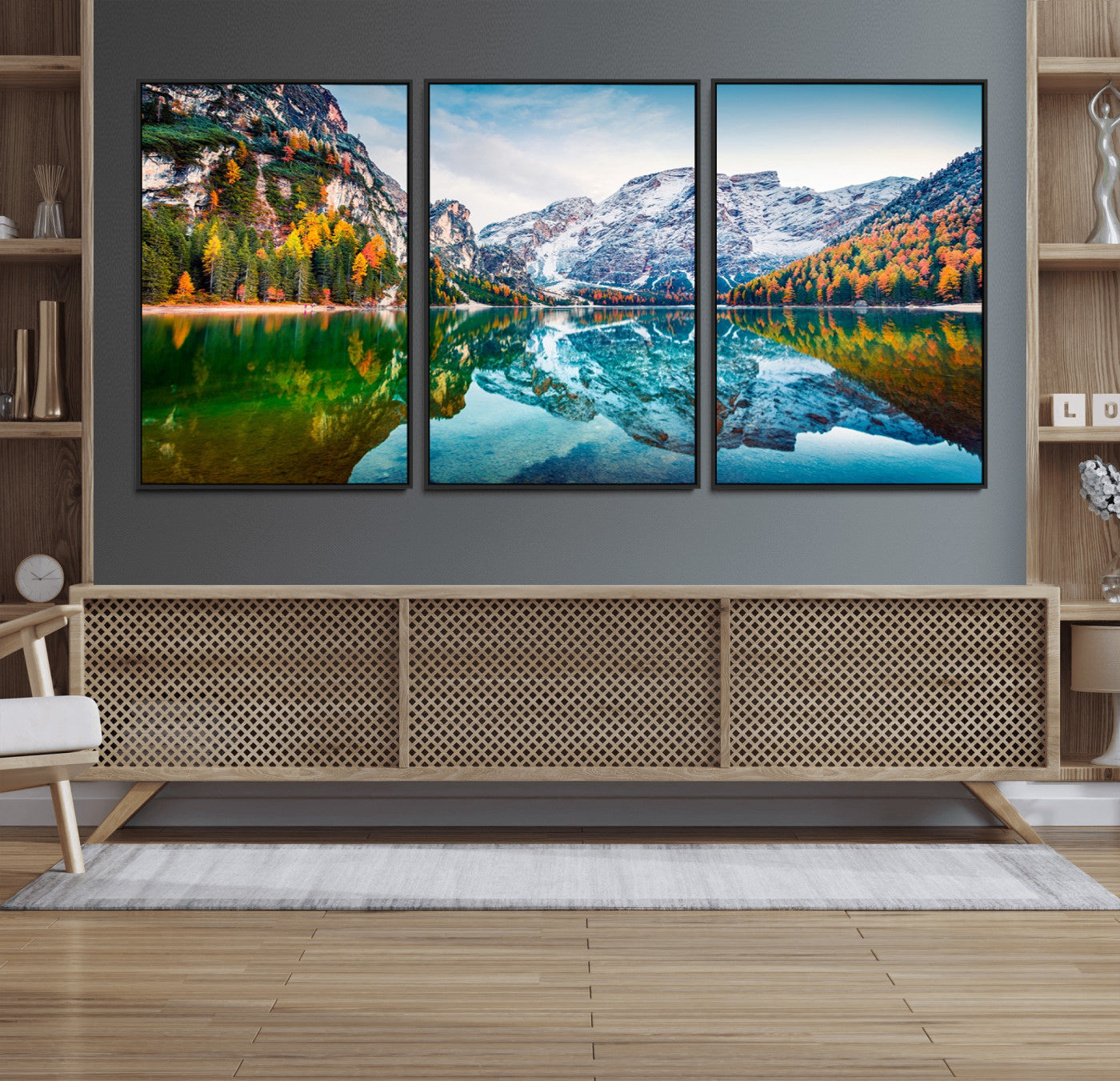 10402-MGV-FC-60X30-3P_Black-Snowy Mountain Lake Wall Art – Autumn Landscape Canvas Print with Reflection, Nature Decor for Living Room, Office, Bedroom or