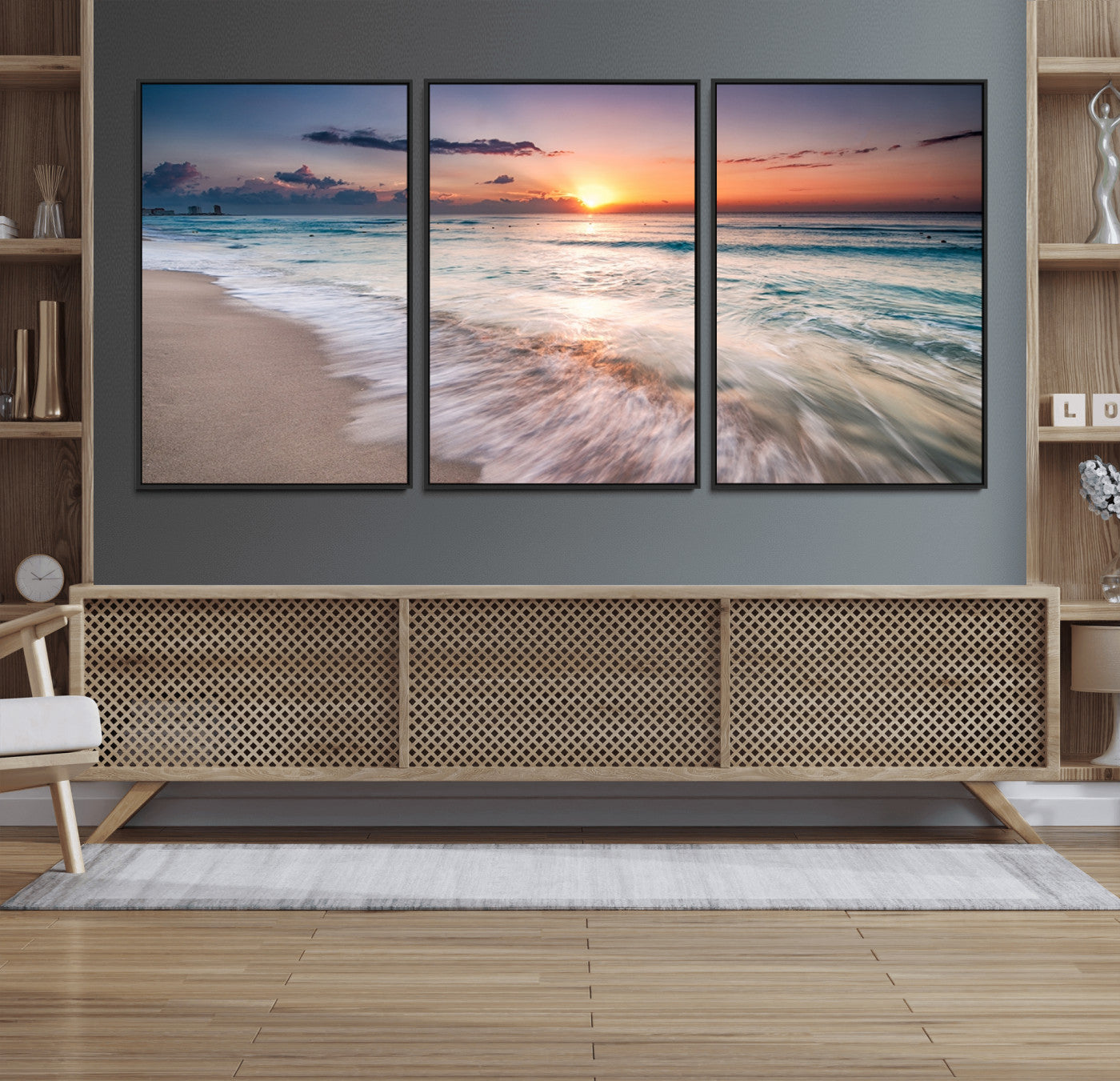 71849-MGV-FC-60X30-3P_Black-Sunrise Ocean Beach Wall Art – Serene Seascape Canvas Print with Gentle Waves, Coastal Nature Decor for Bedroom, Living Room or