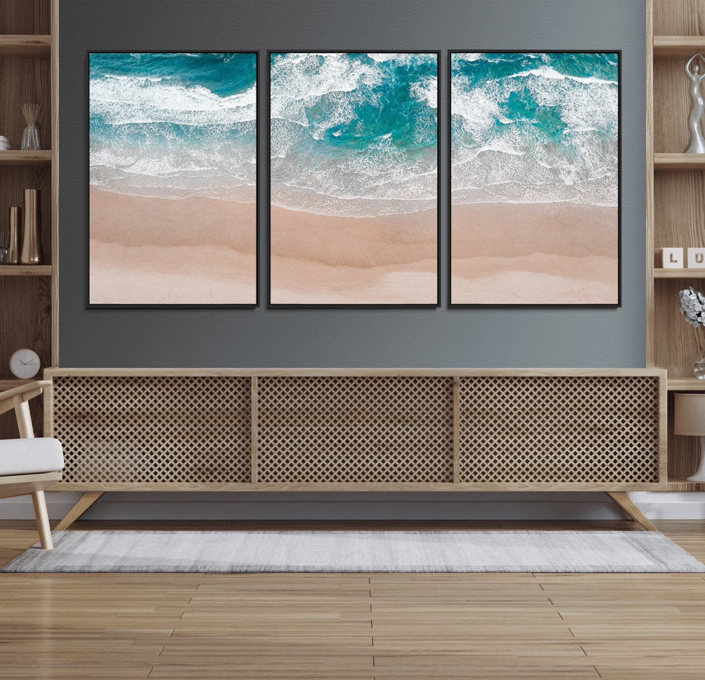 39236-MGV-FC-60X30-3P_Black-Ocean Beach Wall Art – Aerial View of Waves and Sand Canvas Print, Coastal Home Decor for Living Room, Bedroom, Office or Beach