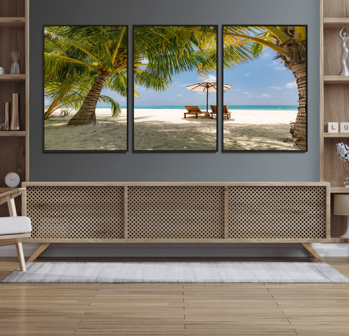 83601-MGV-FC-60X30-3P_Black-Tropical Beach Wall Art – Serene Palm Trees and Lounge Chairs Canvas Print, Relaxing Coastal Decor for Living Room, Bedroom or