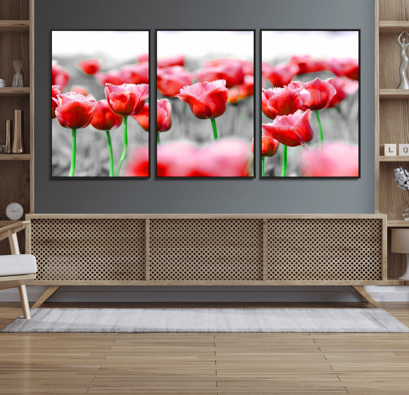 44554-MGV-FC-60X30-3P_Black-Vibrant red tulips stand out beautifully against a black-and-white background, making a striking decor piece perfect for any home