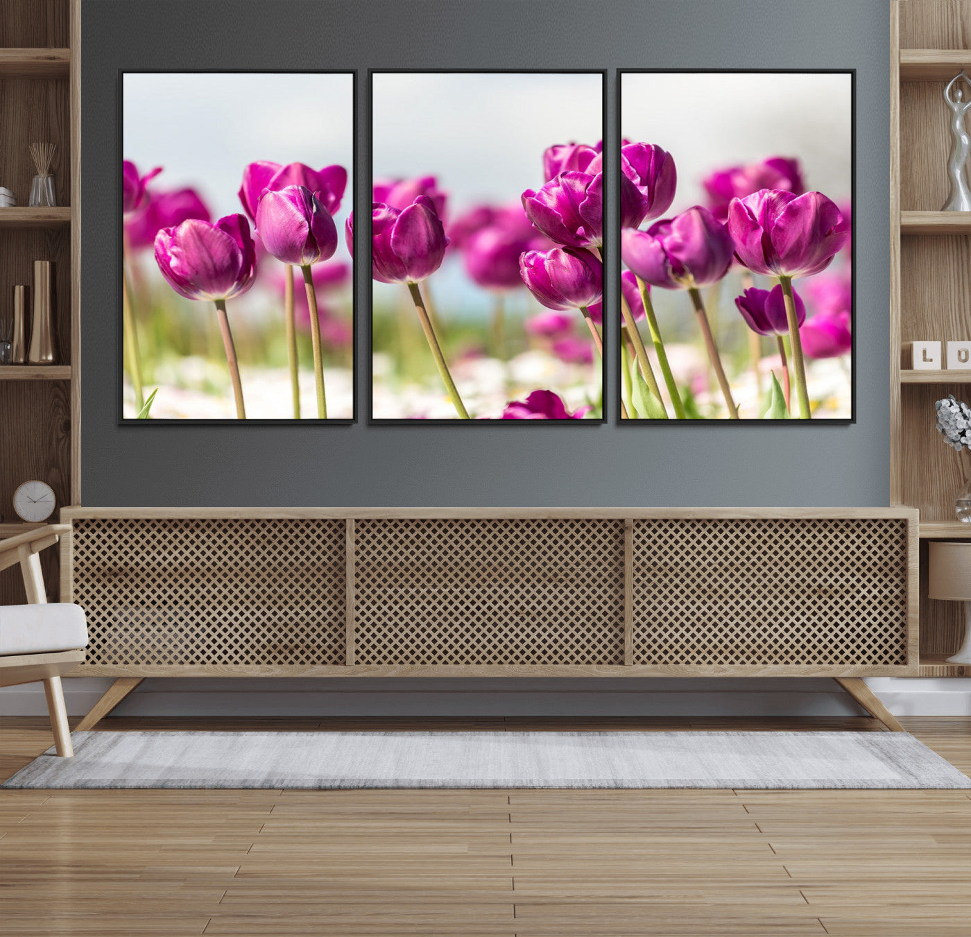 30632-MGV-FC-60X30-3P_Black-Purple Tulip Field Wall Art – Beautiful Spring Flowers Canvas Print with Soft Focus and Bright Sky, Ideal Floral Decor for Home or
