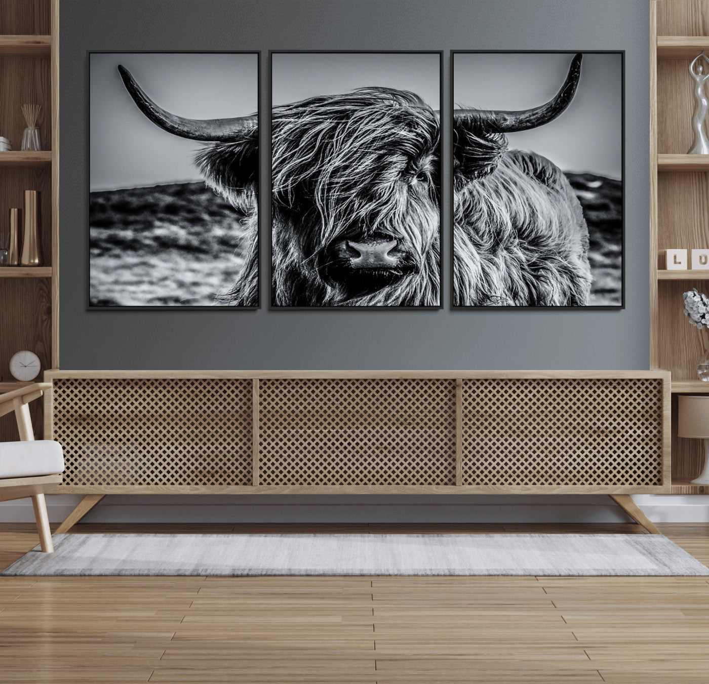 97372-MGV-FC-60X30-3P_Black-Elegant Highland Cow Wall Art – Black and White Canvas Print, Rustic Nature Decor for Home, Office, Living Room or Man Cave