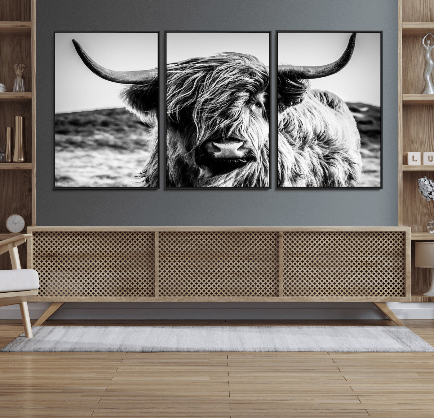 36979-MGV-FC-60X30-3P_Black-Striking black-and-white portrait of a Highland cow with flowing fur and majestic horns, perfect for rustic and elegant home or