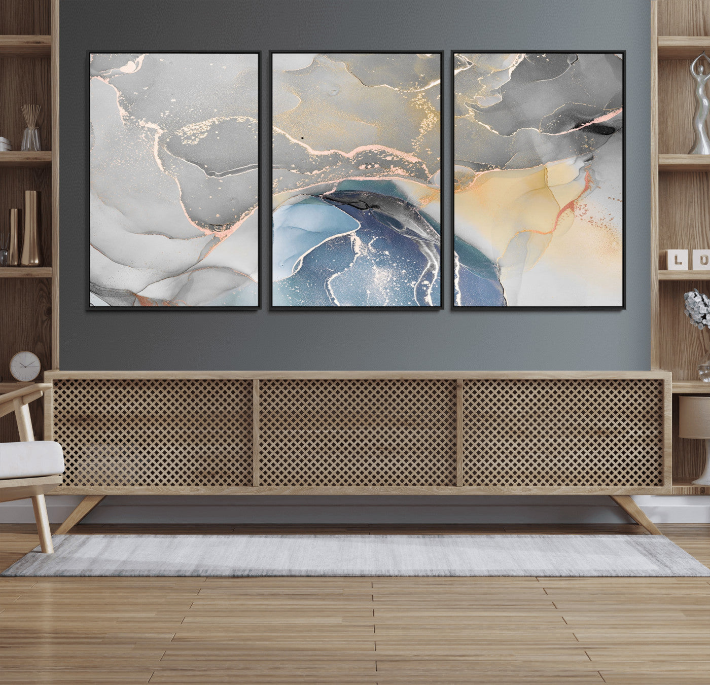 63211-MGV-FC-60X30-3P_Black-Abstract Fluid Art Wall Decor – Blue, Gray & Gold Canvas Print, Modern Home and Office Wall Art Decor for Living Room, Bedroom or