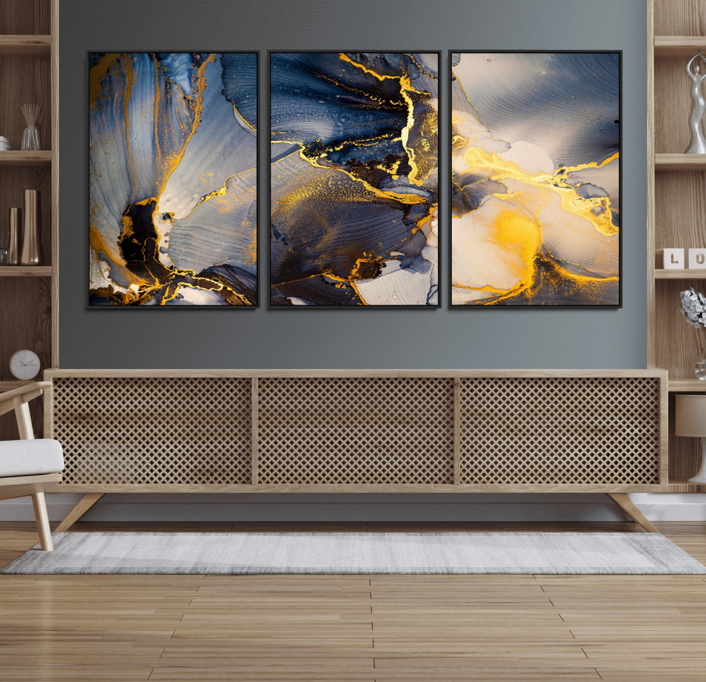 42100-MGV-CV-36X24-Golden Flow Abstract Wall Art – Panoramic Modern Blue and Gold Canvas Print, Contemporary Artistic Decor for Home, Office