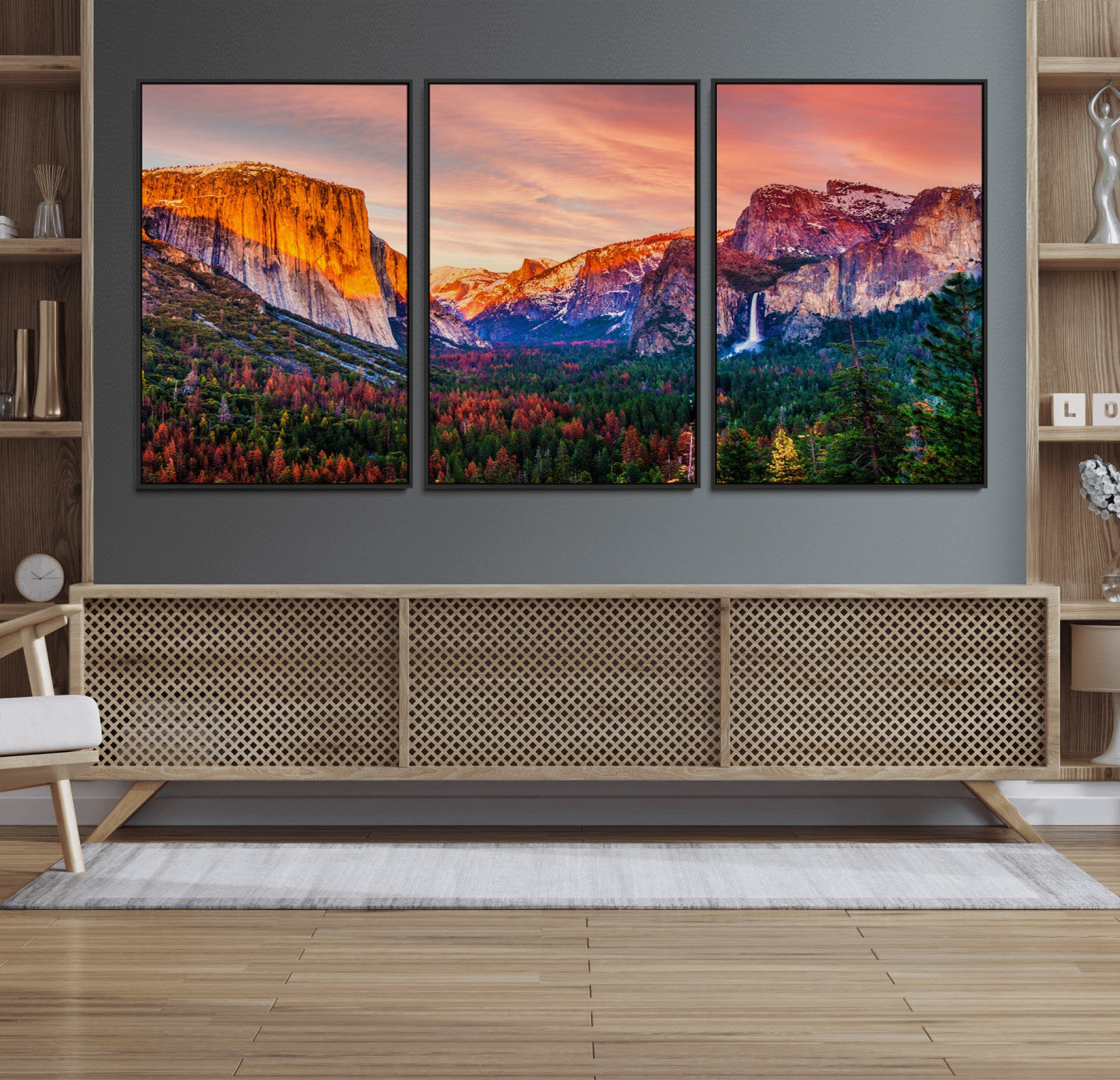 24519-MGV-FC-60X30-3P_Black-Yosemite Valley Sunset Wall Art – Majestic Mountain Landscape with Waterfall and Vibrant Sky, Nature Photography for Home or