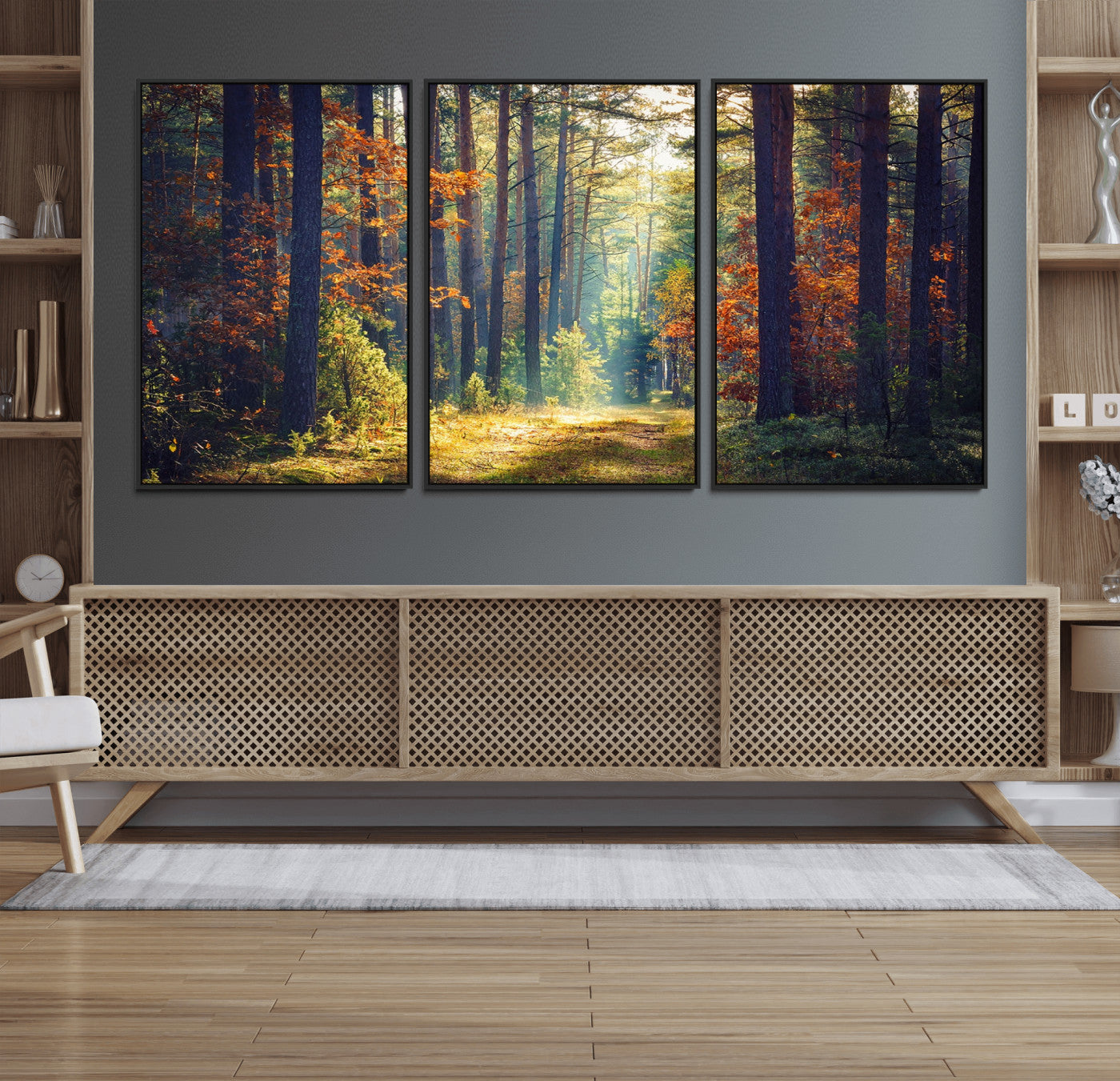 86249-MGV-CV-36X24-Sunlit Autumn Forest Path Wall Art – Peaceful Nature Scene with Fall Foliage, Calming Woods Decor for Home or Office