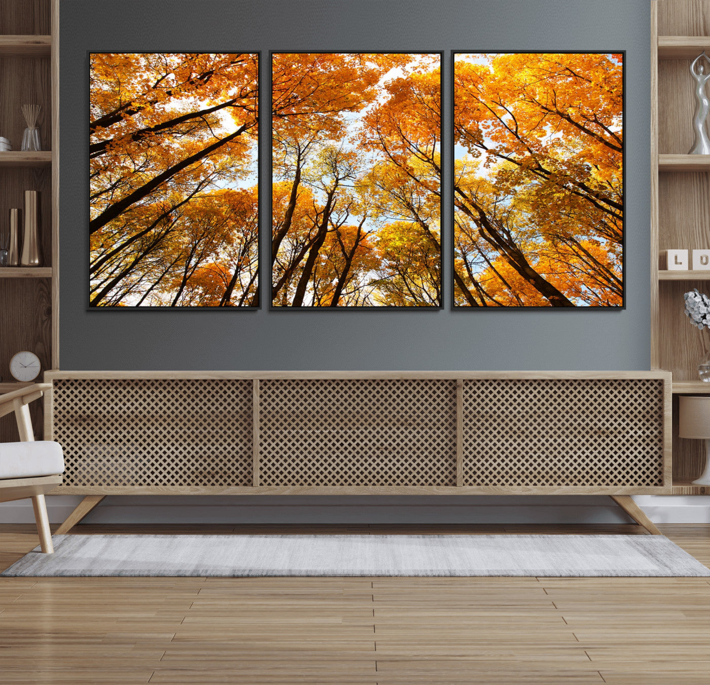 11823-MGV-FC-60X30-3P_Black-Golden Autumn Tree Canopy Wall Art – Stunning Fall Forest Leaves Print, Warm Seasonal Nature Decor for Home, Office or Cabin