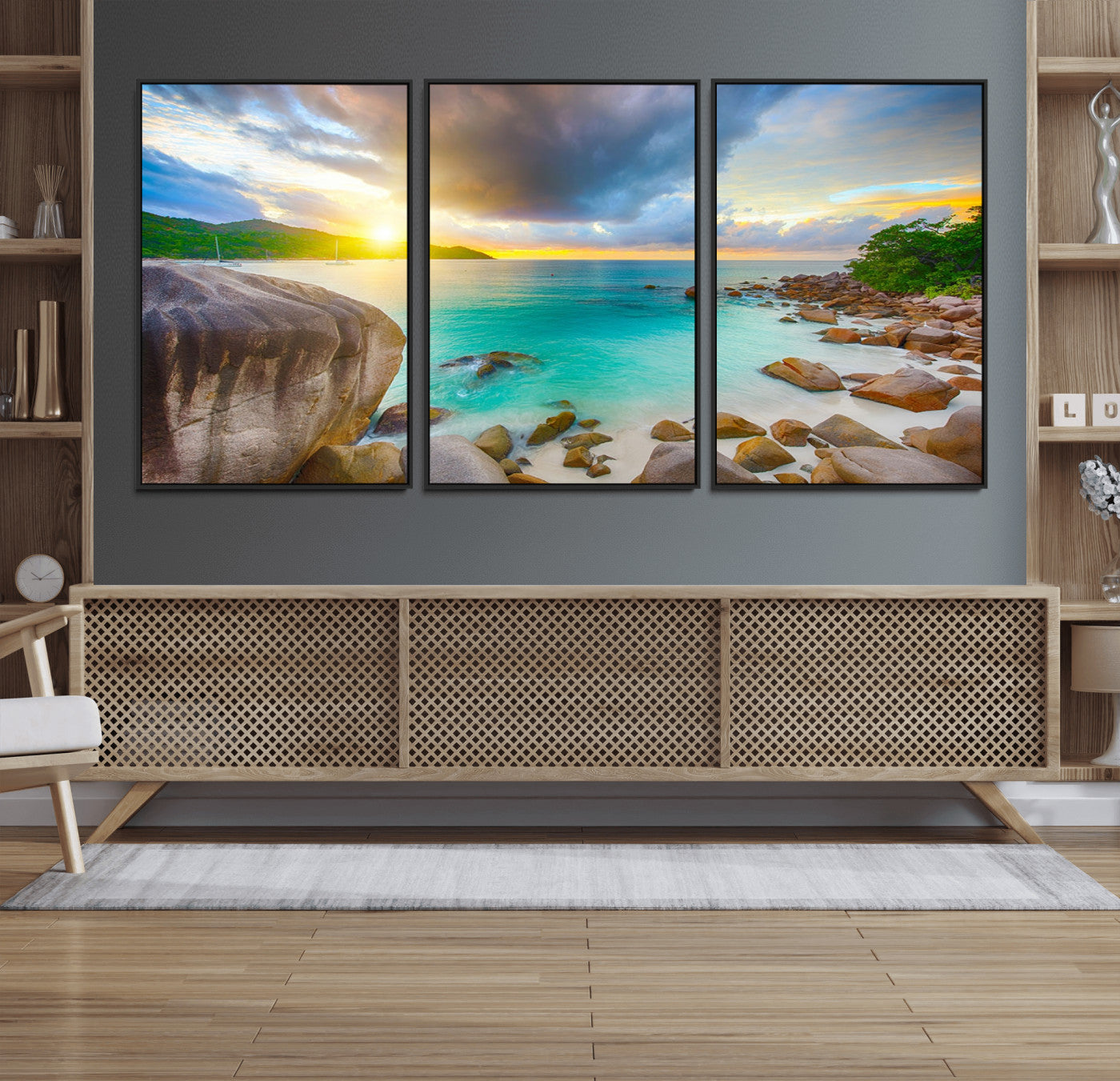 23769-MGV-CV-36X24-Tropical Beach Sunset Wall Art – Ocean Waves and Rocky Shore Canvas Print, Coastal Seascape Photography Decor