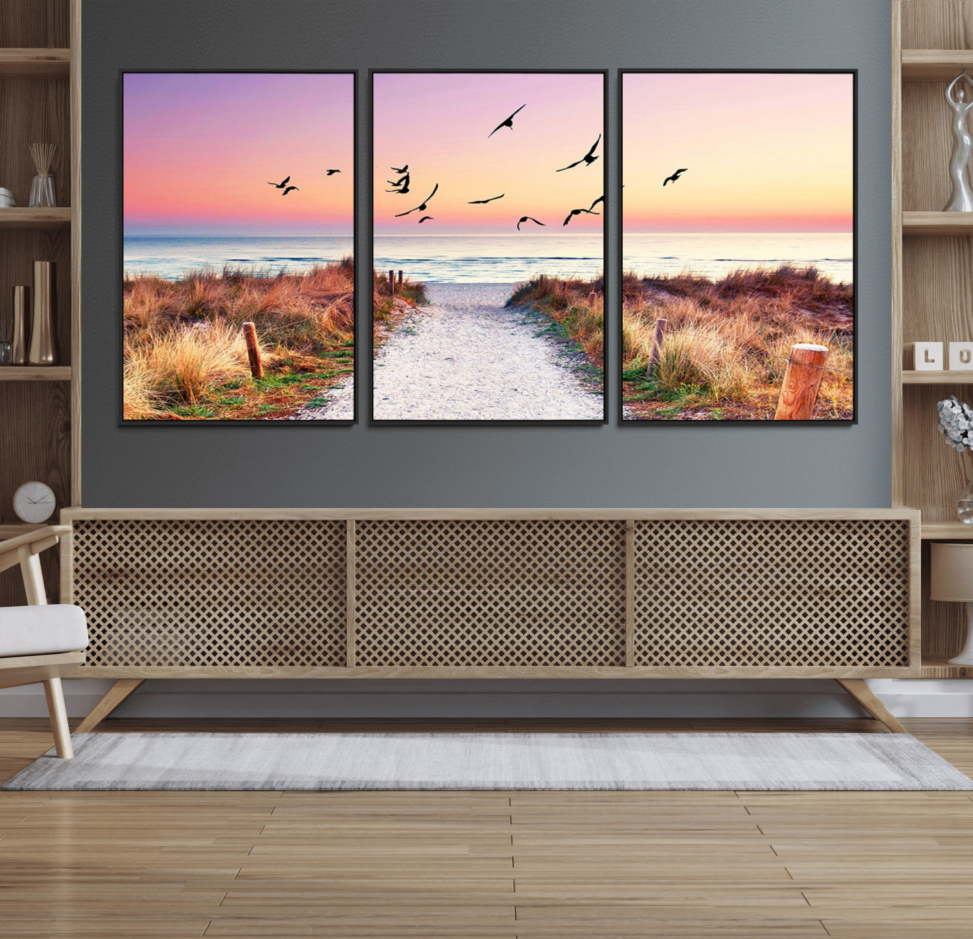 54411-MGV-CV-36X24-Beach Path with Birds Wall Art – Coastal Sunset Ocean Canvas Print, Seaside Nature Landscape Photography for Living Room, Bedroom