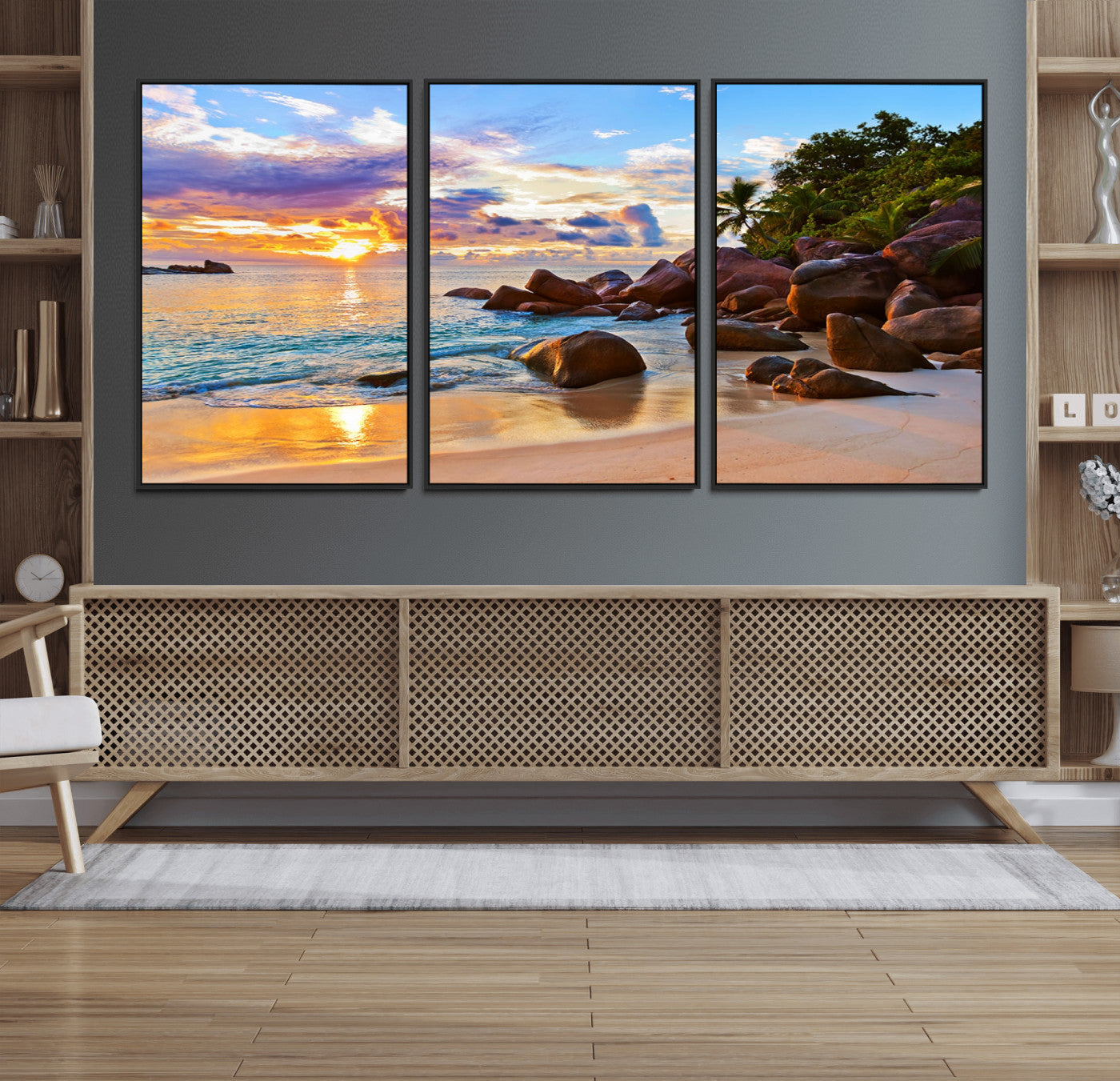 43209-MGV-CV-36X24-Tropical Beach Sunset Wall Art – Golden Ocean Waves and Palm Trees with Rocky Shore Canvas Print, Coastal Seascape Decor for