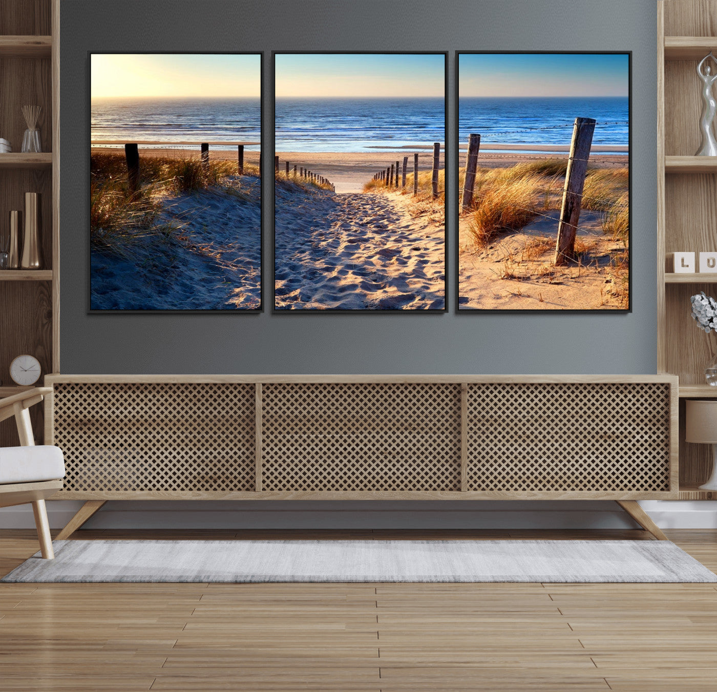 31889-MGV-CV-36X24-Sandy Beach Pathway Wall Art – Coastal Dune Fence and Ocean View Canvas Print, Relaxing Seaside Landscape Decor for Living Room or