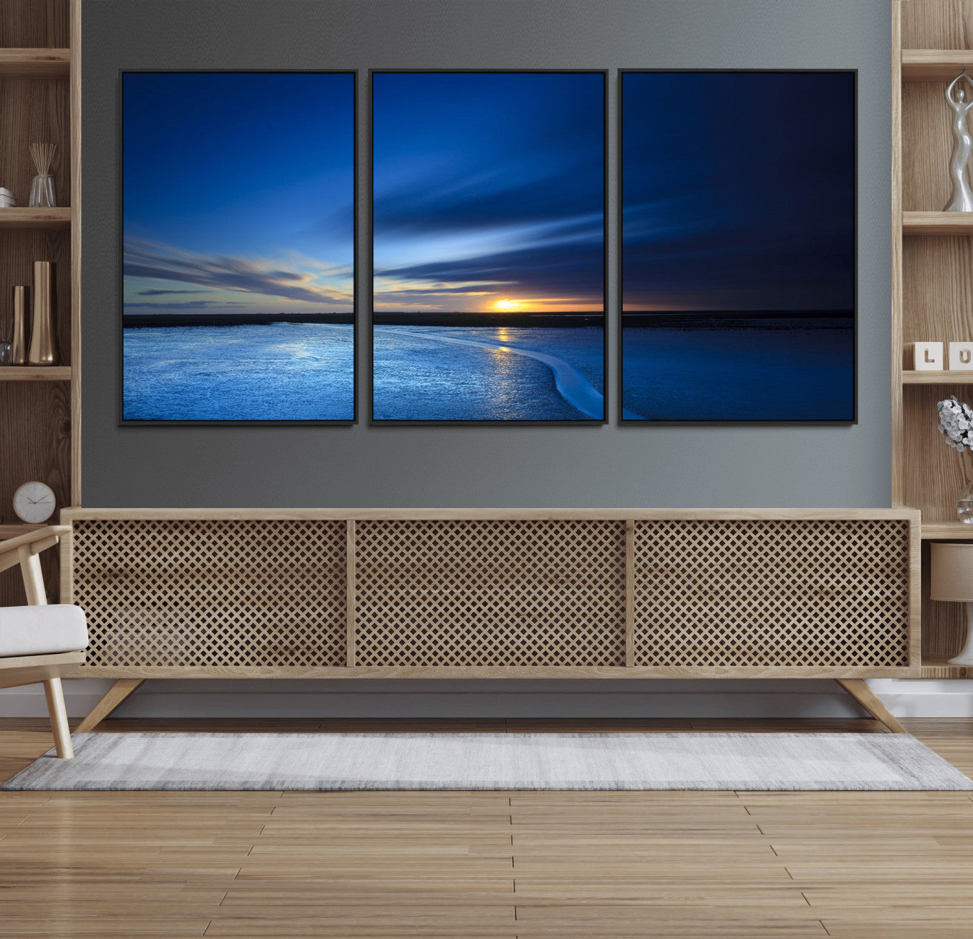 65405-MGV-CV-36X24-Blue Sunrise Seascape Wall Art – Tranquil Ocean Horizon Canvas Print with Golden Sunlight and Deep Sky, Coastal Landscape Decor