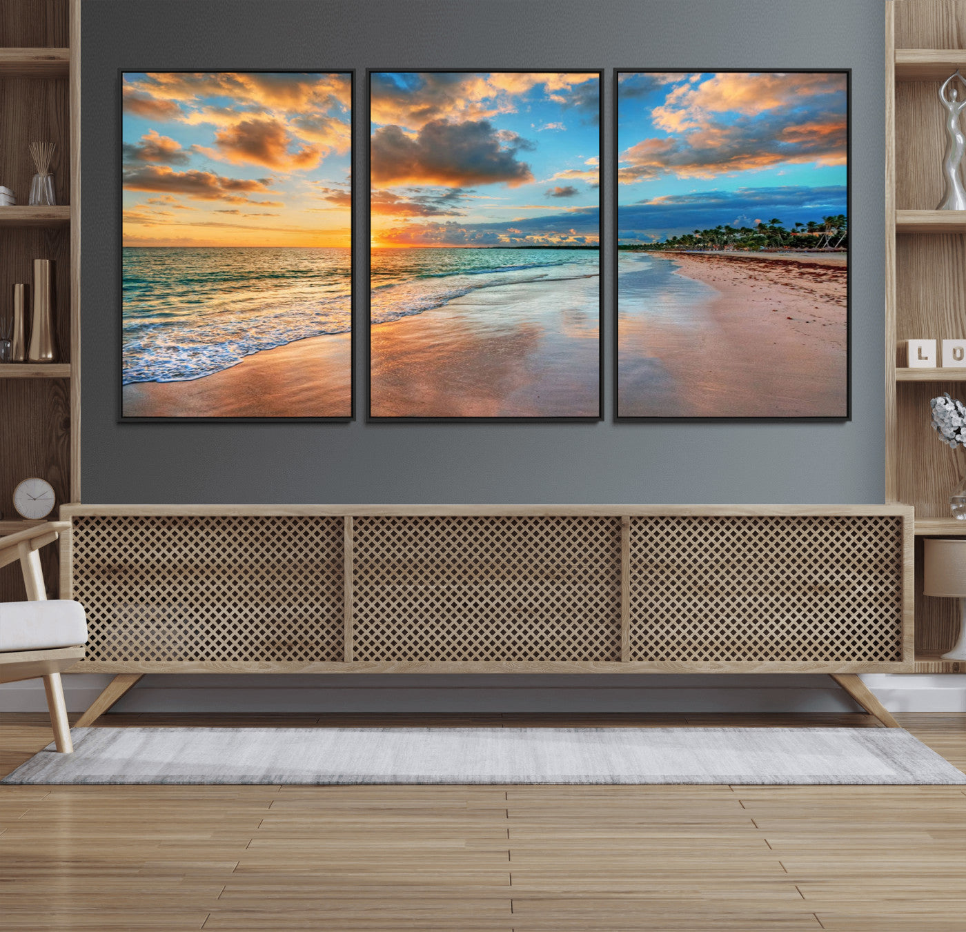 41572-MGV-CV-36X24-Sunset Beach Wall Art – Ocean Waves and Palm Trees Canvas Print, Tropical Coastal Sunset Seascape Decor for Living Room, Bedroom