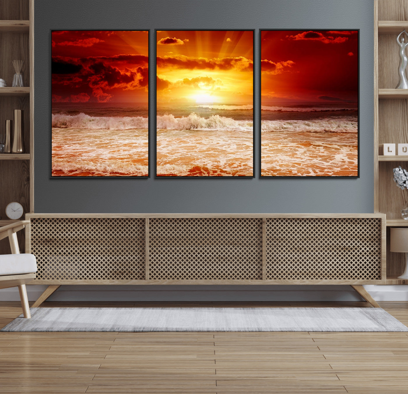 60211-MGV-CV-36X24-Fiery Sunset Ocean Wall Art – Red Sky Seascape Canvas Print with Waves, Bold Coastal Sunset Decor for Living Room or Bedroom