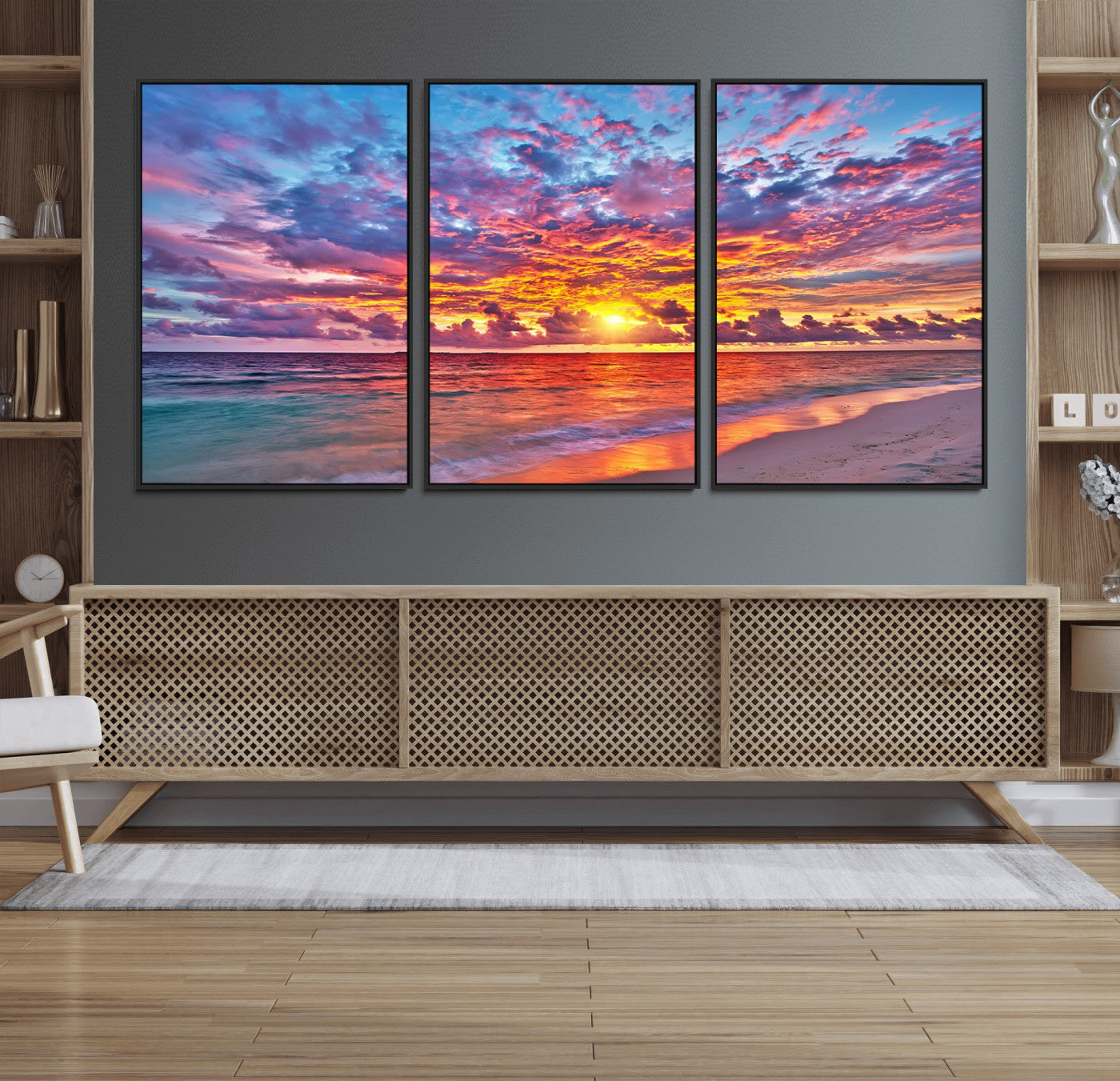 72836-MGV-CV-36X24-Fiery Sunset Beach Wall Art – Panoramic Vibrant Ocean Canvas Print, Dramatic Coastal Decor for Living Room, Bedroom or Office
