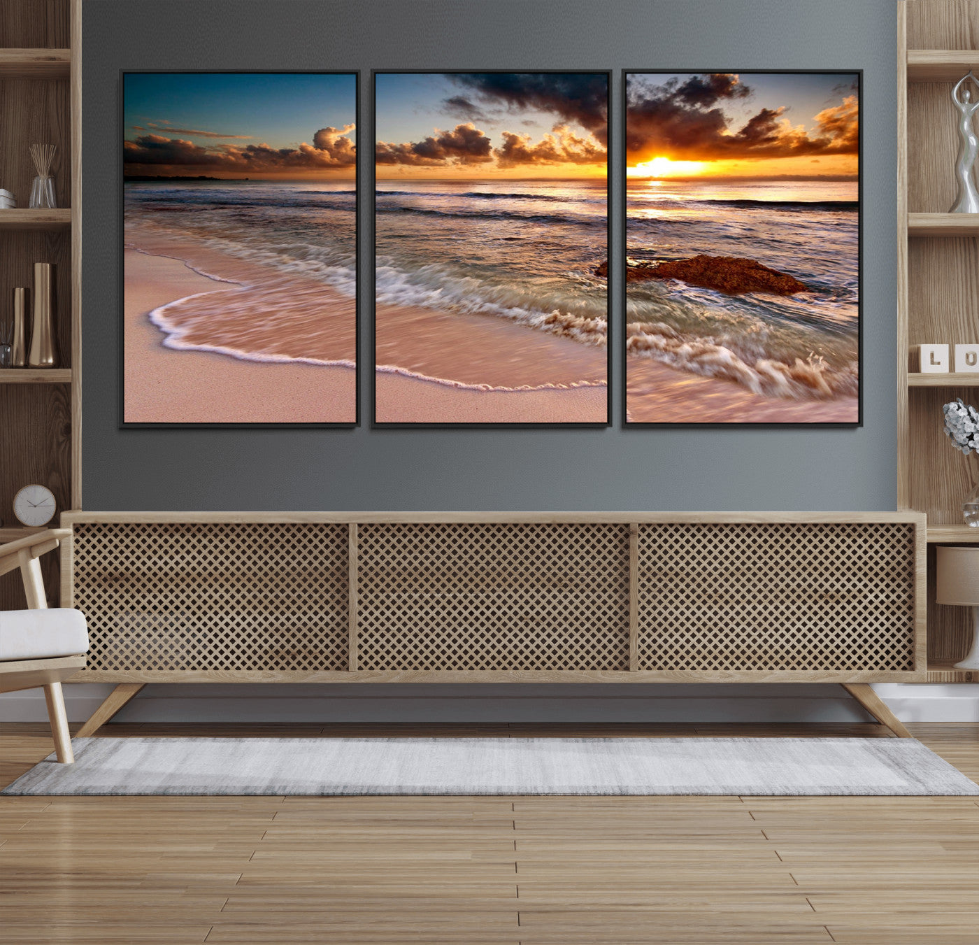 80979-MGV-CV-36X24-Golden Sunrise Beach Wall Art – Ocean Waves and Sandy Shore Canvas Print, Coastal Sunset Photography Artwork for Living Room,