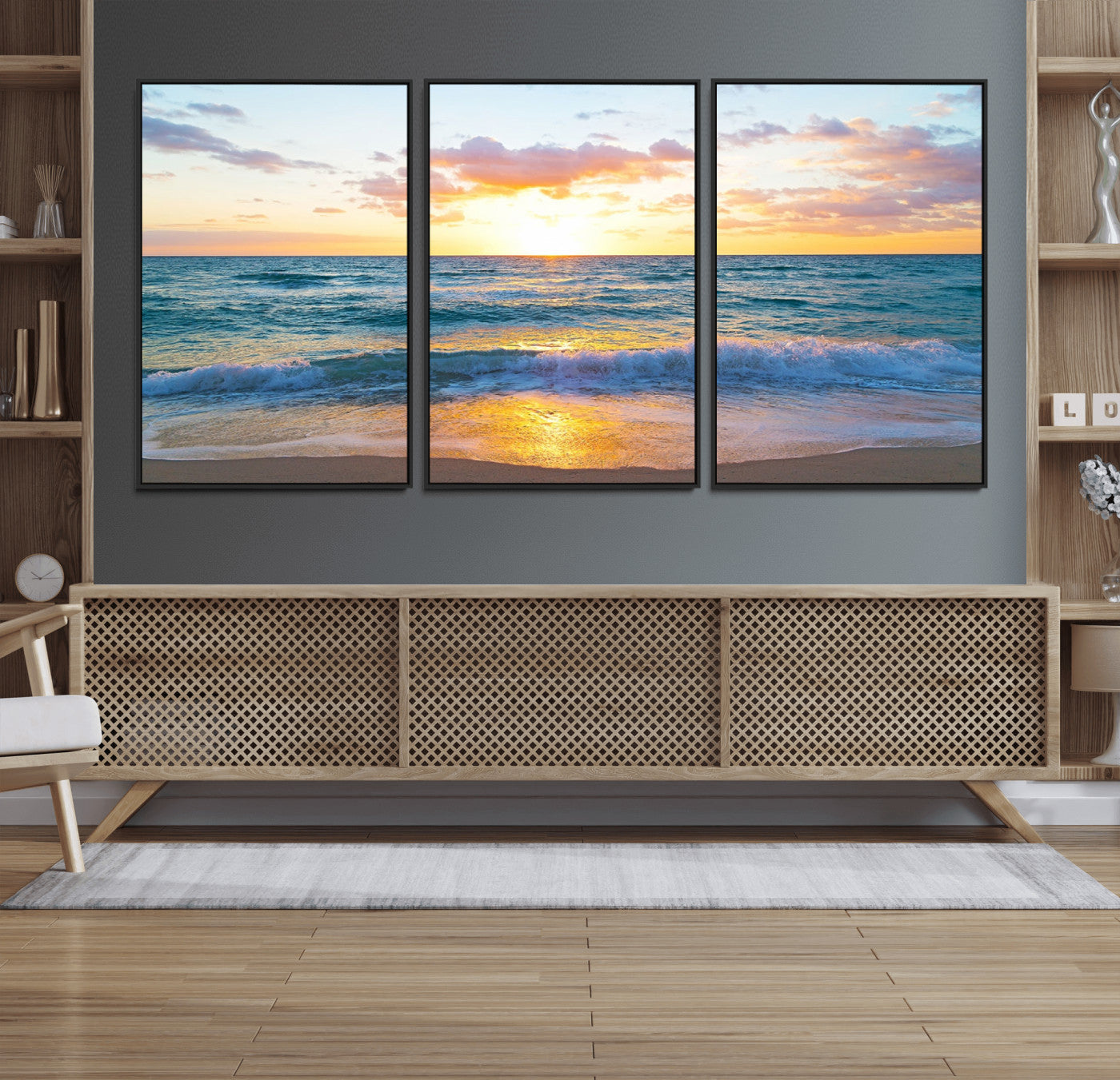 78006-MGV-CV-36X24-Golden Sunrise Ocean Wall Art – Panoramic Beach Waves Canvas Print, Coastal Seascape Artwork for Living Room, Bedroom, Office, or