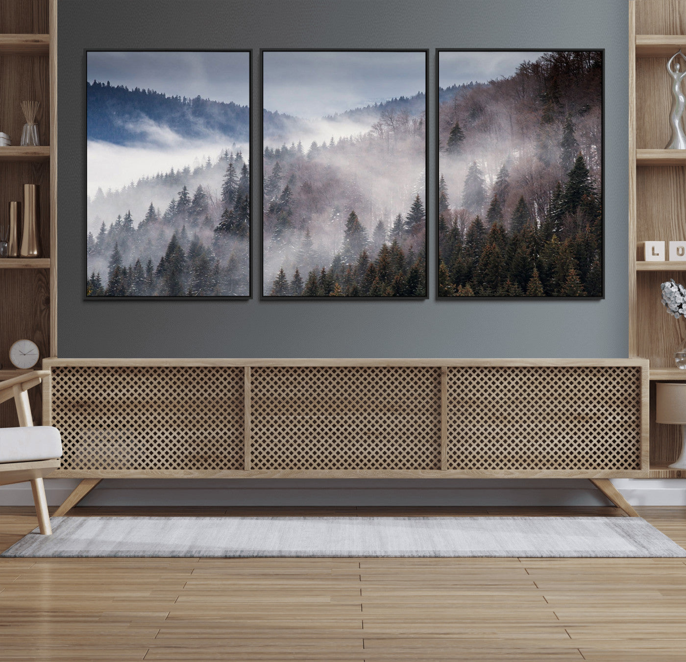 18459-MGV-FC-60X30-3P_Black-Misty Pine Forest Wall Art – Serene Mountain Landscape Canvas Print, Tranquil Nature Artwork for Living Room, Bedroom, Cabin or