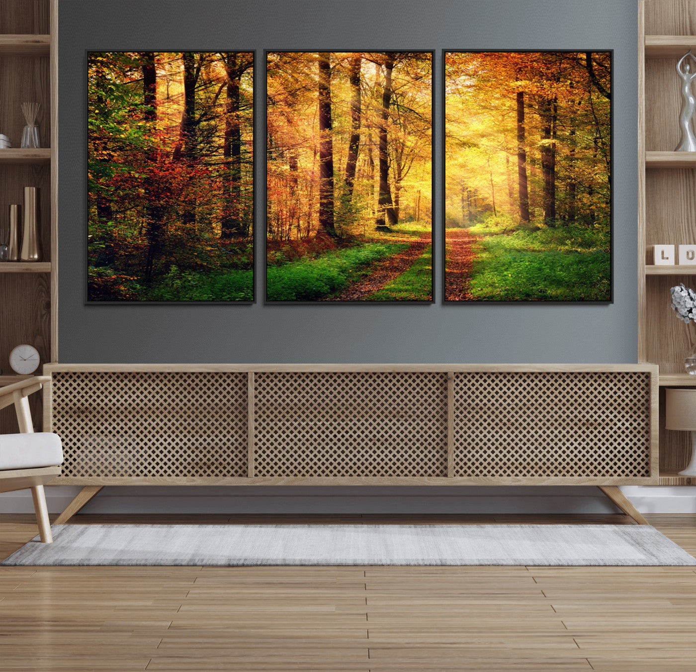 73494-MGV-CV-36X24-Golden Autumn Forest Path Wall Art – Sunlit Woodland Canvas Print, Fall Nature Landscape Home Decoration