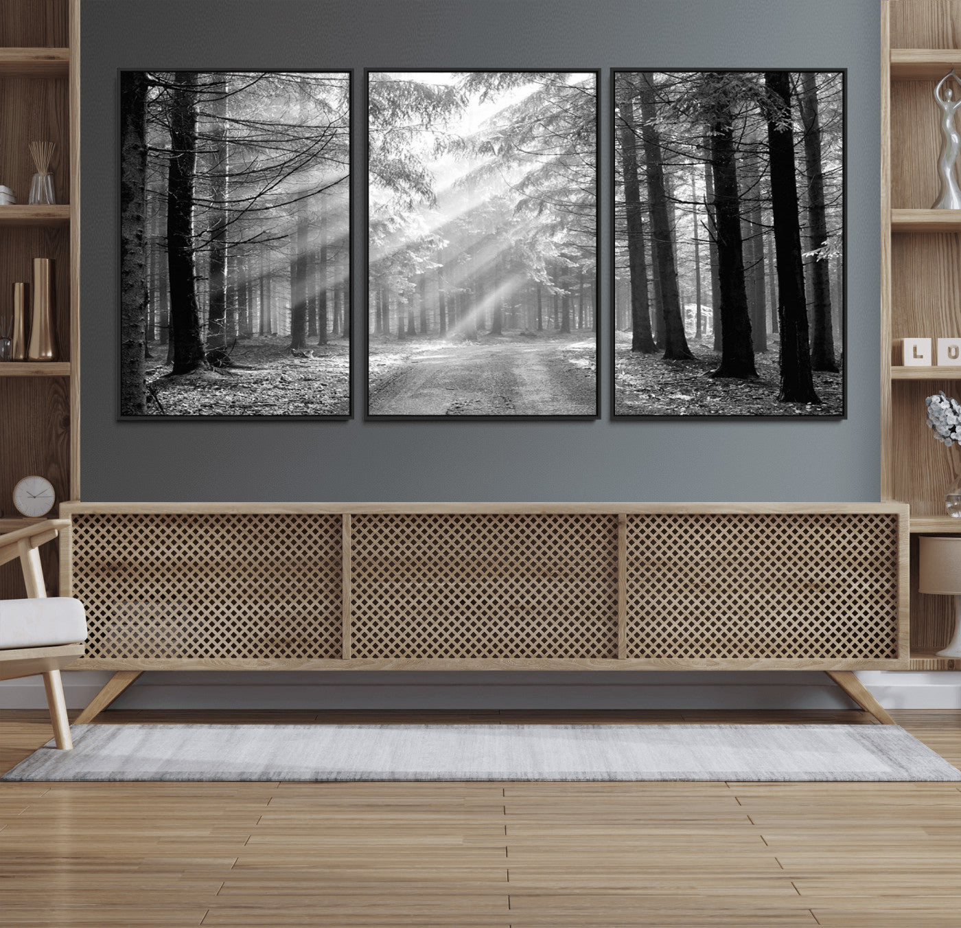 39665-MGV-CV-36X24-Black and White Forest Path Wall Art – Sunlight Rays in Trees Canvas Print, Nature Landscape Decor for Living Room or Office