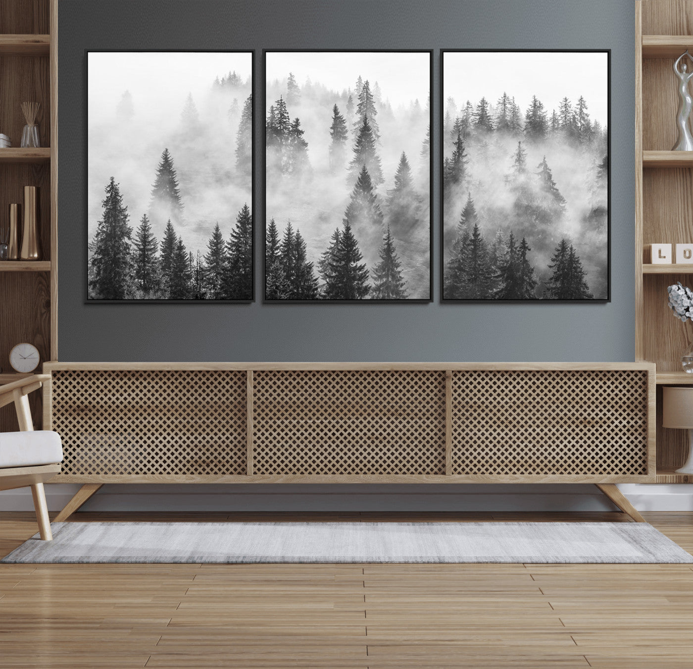 10422-MGV-FC-60X30-3P_Black-Misty Pine Forest Wall Art – Black and White Foggy Landscape Canvas Print, Serene Nature Woodland Decor for Bedroom, Office or