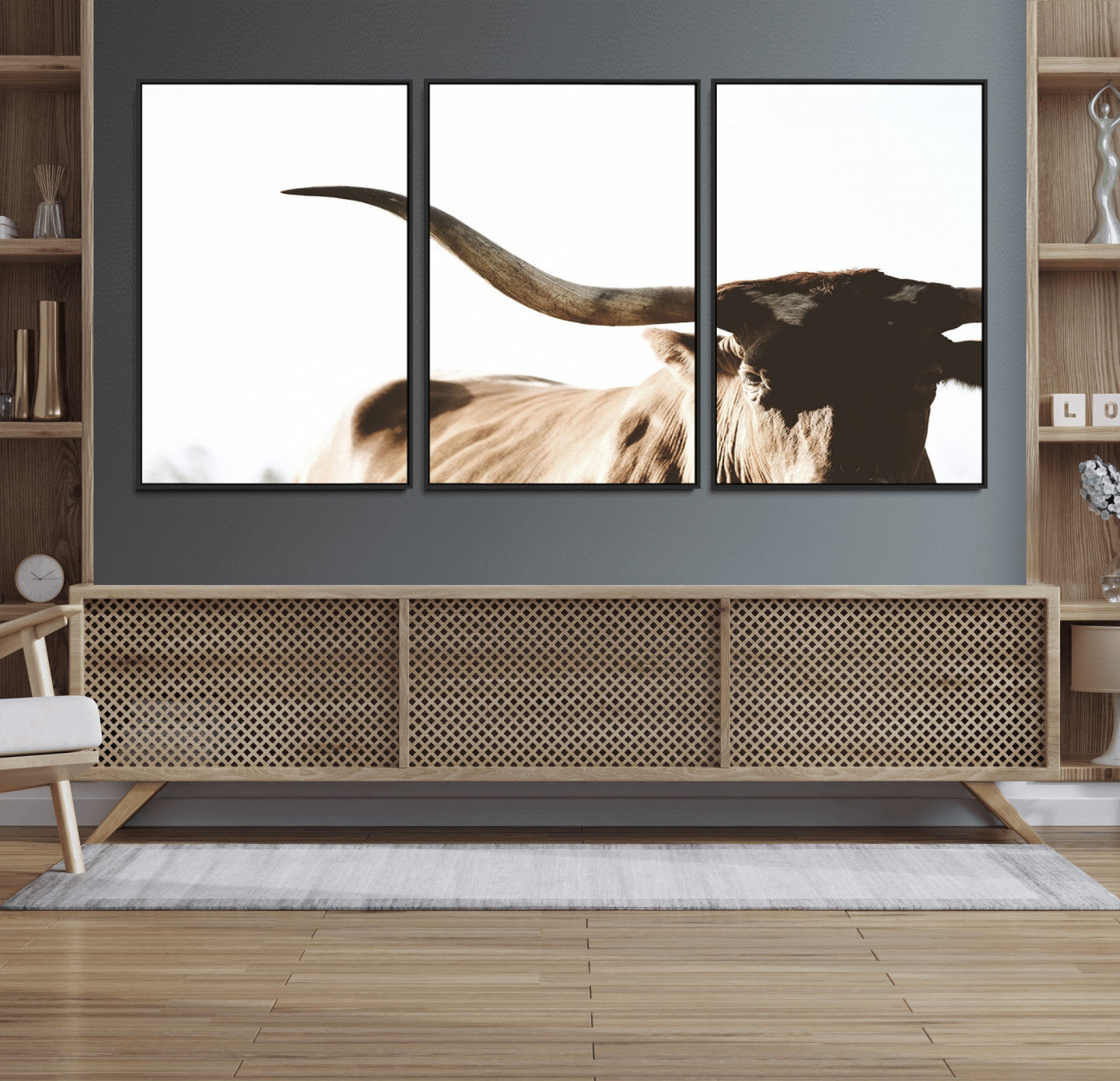 35866-MGV-FC-60X30-3P_Black-Texas Longhorn Wall Art – Rustic Western Bull Canvas Print, Farmhouse Animal Photography Decor for Living Room, Office, or Ranch