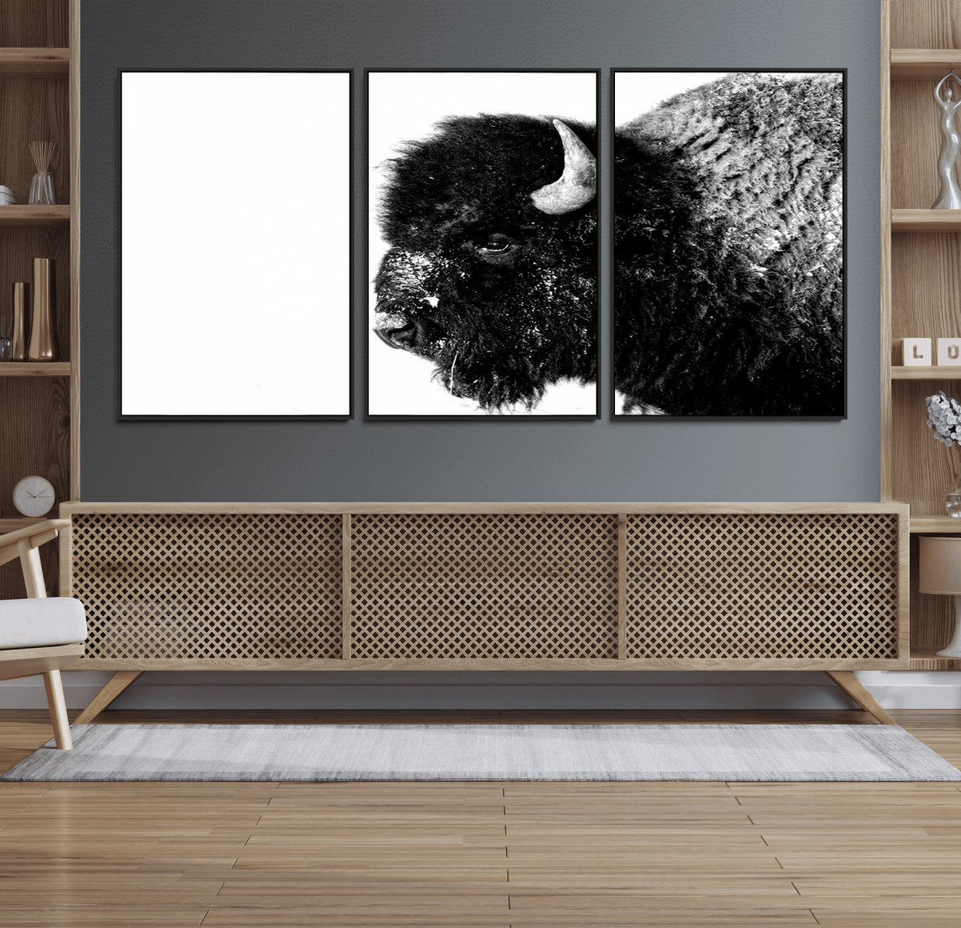 68780-MGV-CV-36X24-Bison Close-Up Wall Art – Black and White Buffalo Canvas Print, Rustic Wildlife Photography Decor for Living Room, Office, or
