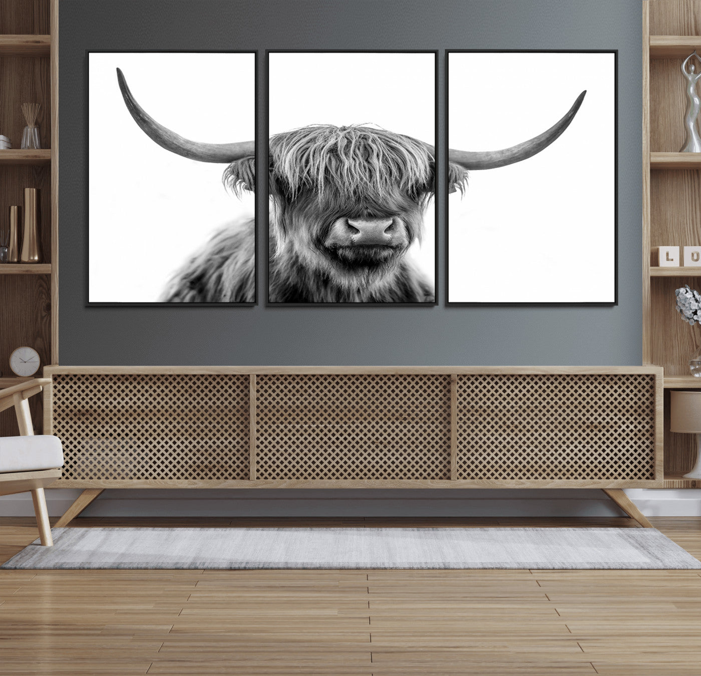 10123-MGV-CV-36X24-Black and White Highland Cow Wall Art – Modern Farmhouse Animal Print, Rustic Scottish Bull Canvas Decor for Living Room, Bedroom,