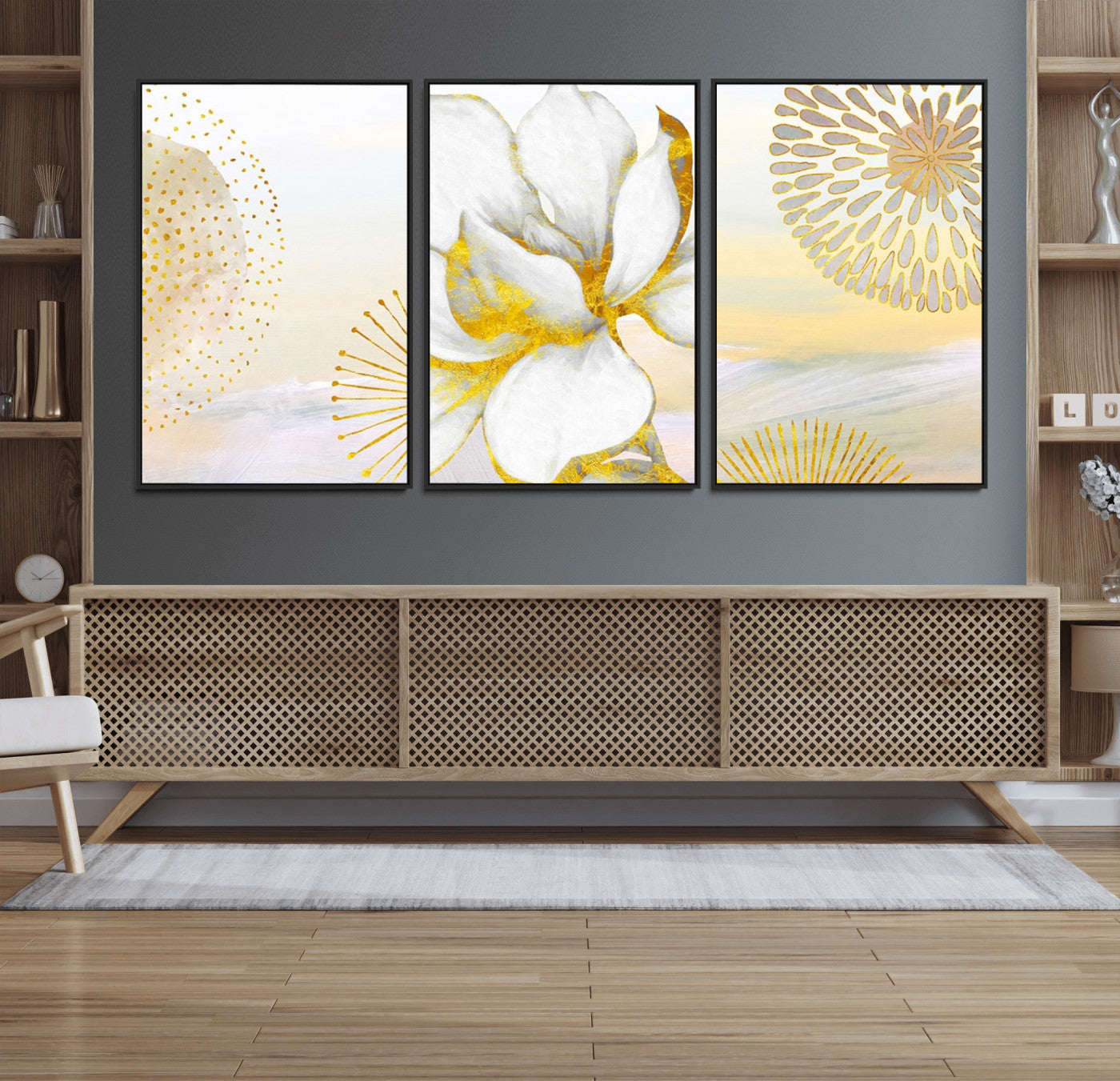 82301-MGV-CV-36X24-Modern Floral Wall Art – White Flower with Gold Detailing Canvas Print, Elegant Abstract Artwork for Living Room, Bedroom, or