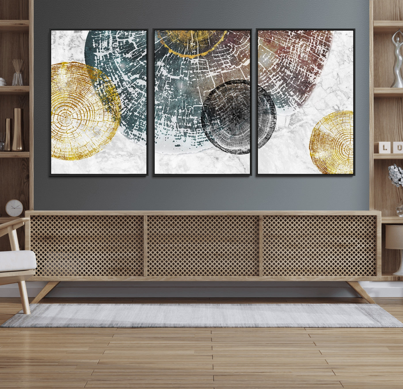 70653-MGV-CV-36X24-Abstract Tree Ring Wall Art – Modern Rustic Wood Slice Canvas Print with Gold Accents, Contemporary Nature Decor for Living Room,