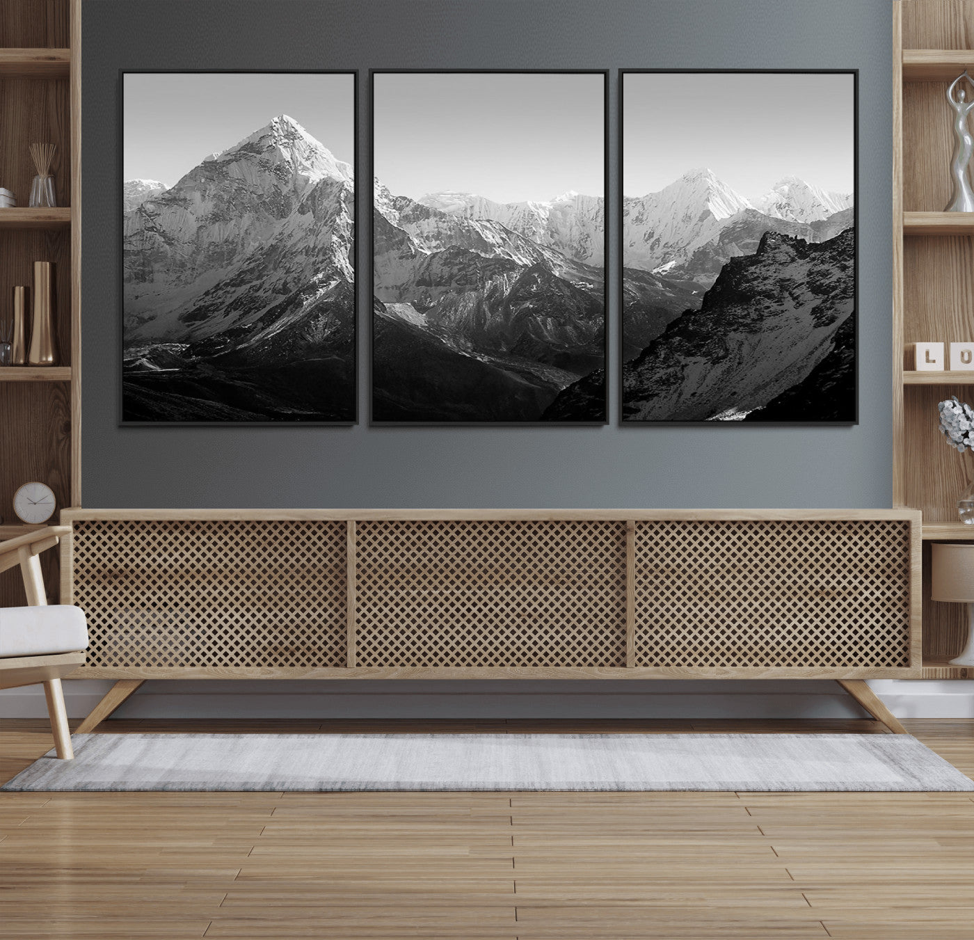 10775-MGV-CV-36X24-Snow Capped Mountain Wall Art – Black and White Canvas Print of Majestic Peaks, Nature Landscape Photography for Office, Bedroom,
