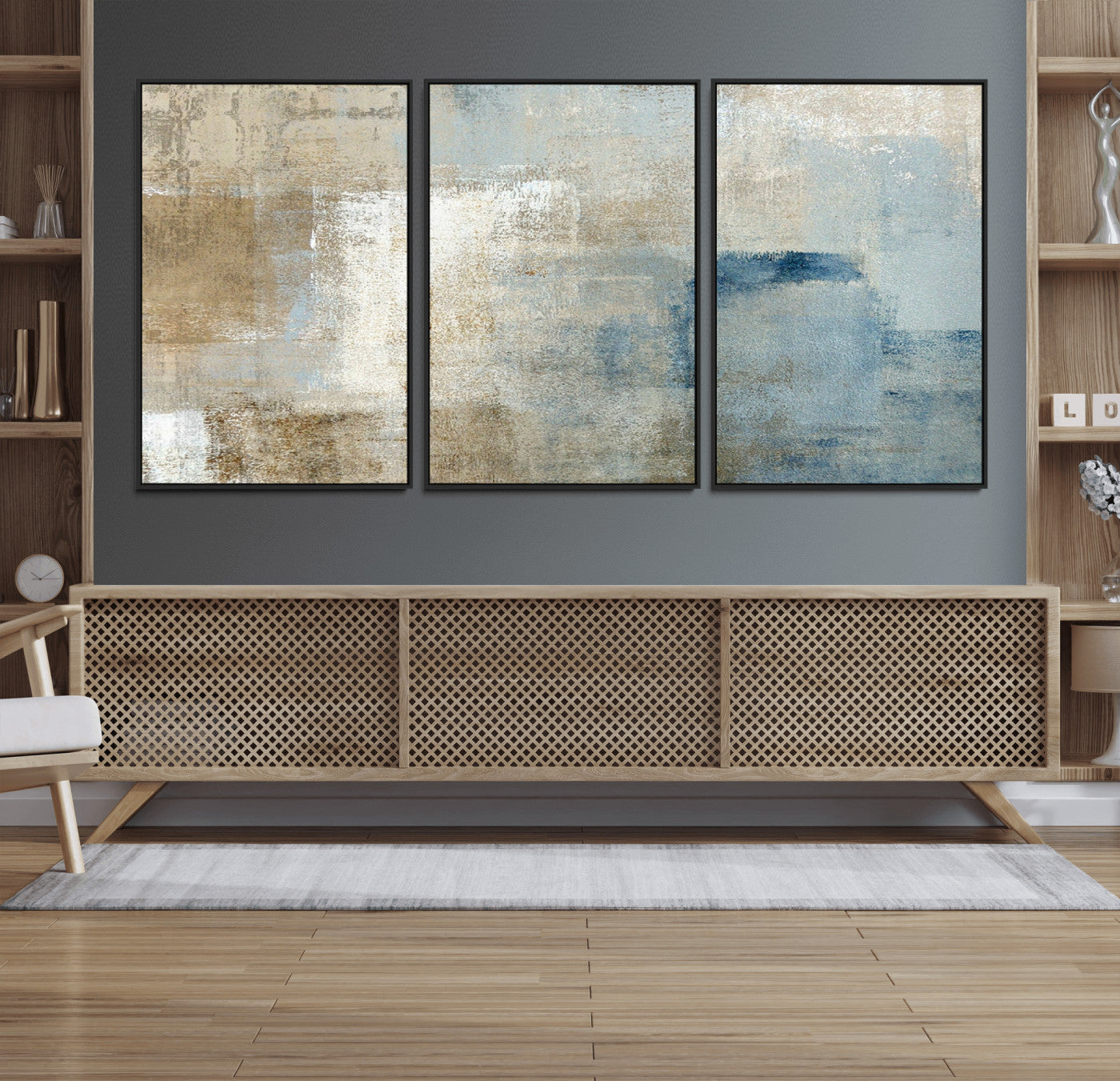38126-MGV-CV-36X24-Neutral Abstract Wall Art – Modern Beige and Blue Canvas Print and Minimalist Textured Painting for Living Room, Bedroom or Office