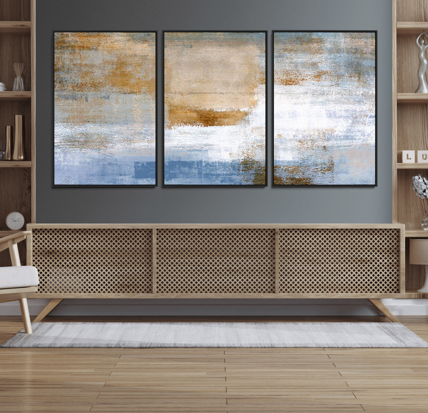 72354-MGV-FC-60X30-3P_Black-Blue and Gold Abstract Wall Art – Modern Minimalist Canvas Print, Textured Contemporary Painting for Living Room, Bedroom, or